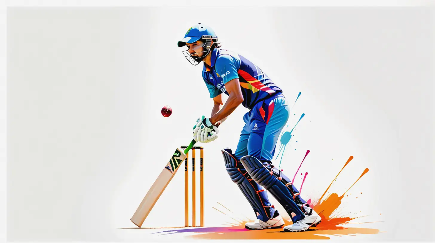abstract Full length painting of a cricket player wearing a cap on a solid white background