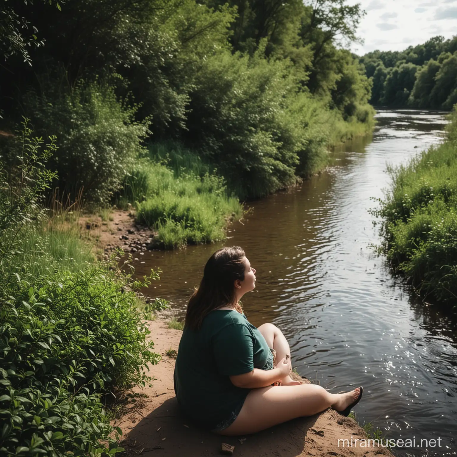 Chubby Girl Sitting by the Riverbank with Dark Green Bushes Background