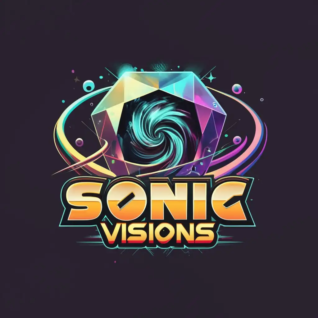 a logo design,with the text 'Sonic Visions', main symbol:logo name like diamond with a swirling black hole, sonic the hedgehog font,complex,be used in Entertainment industry,clear background