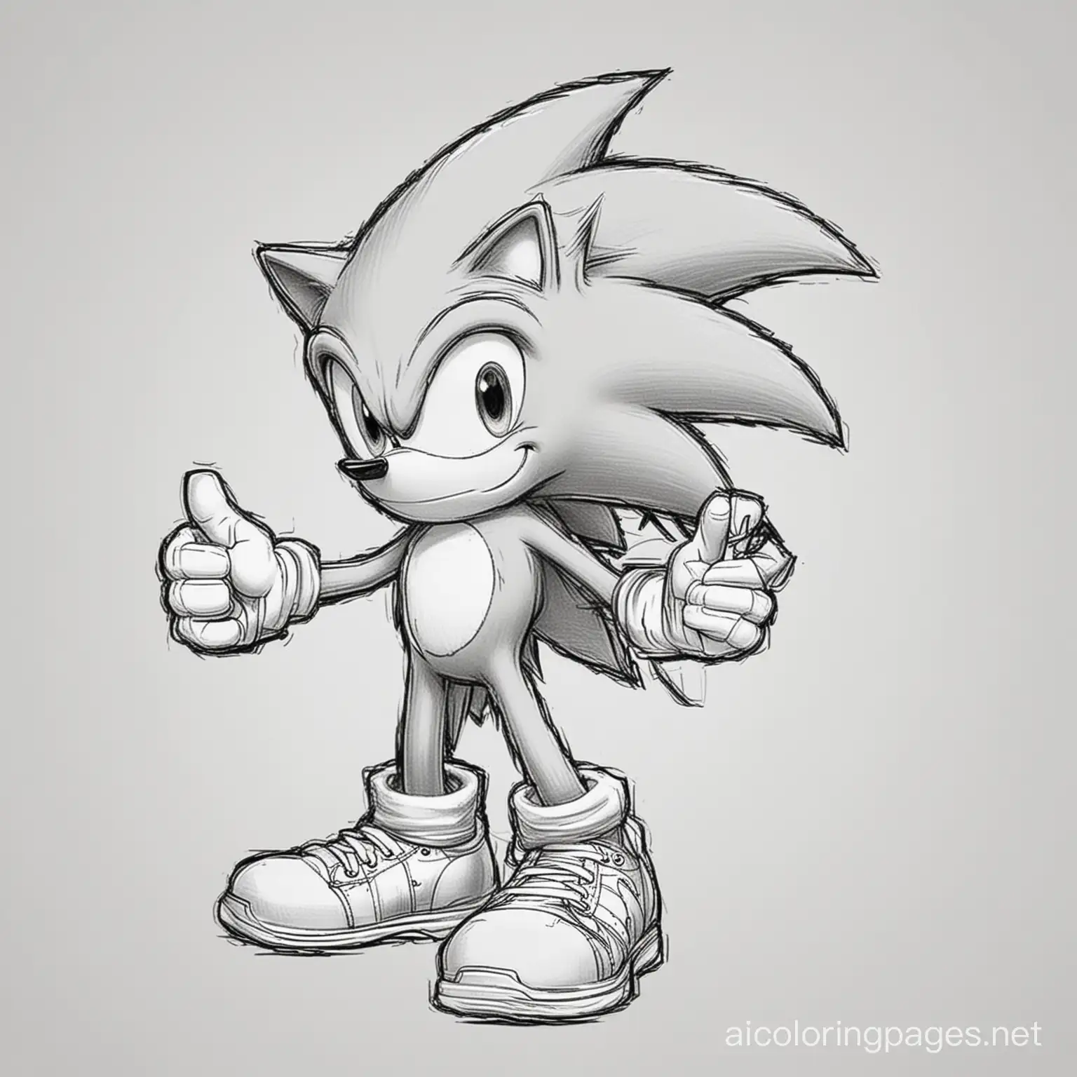 Sonic, Coloring Page, black and white, line art, white background, Simplicity, Ample White Space. The background of the coloring page is plain white to make it easy for young children to color within the lines. The outlines of all the subjects are easy to distinguish, making it simple for kids to color without too much difficulty