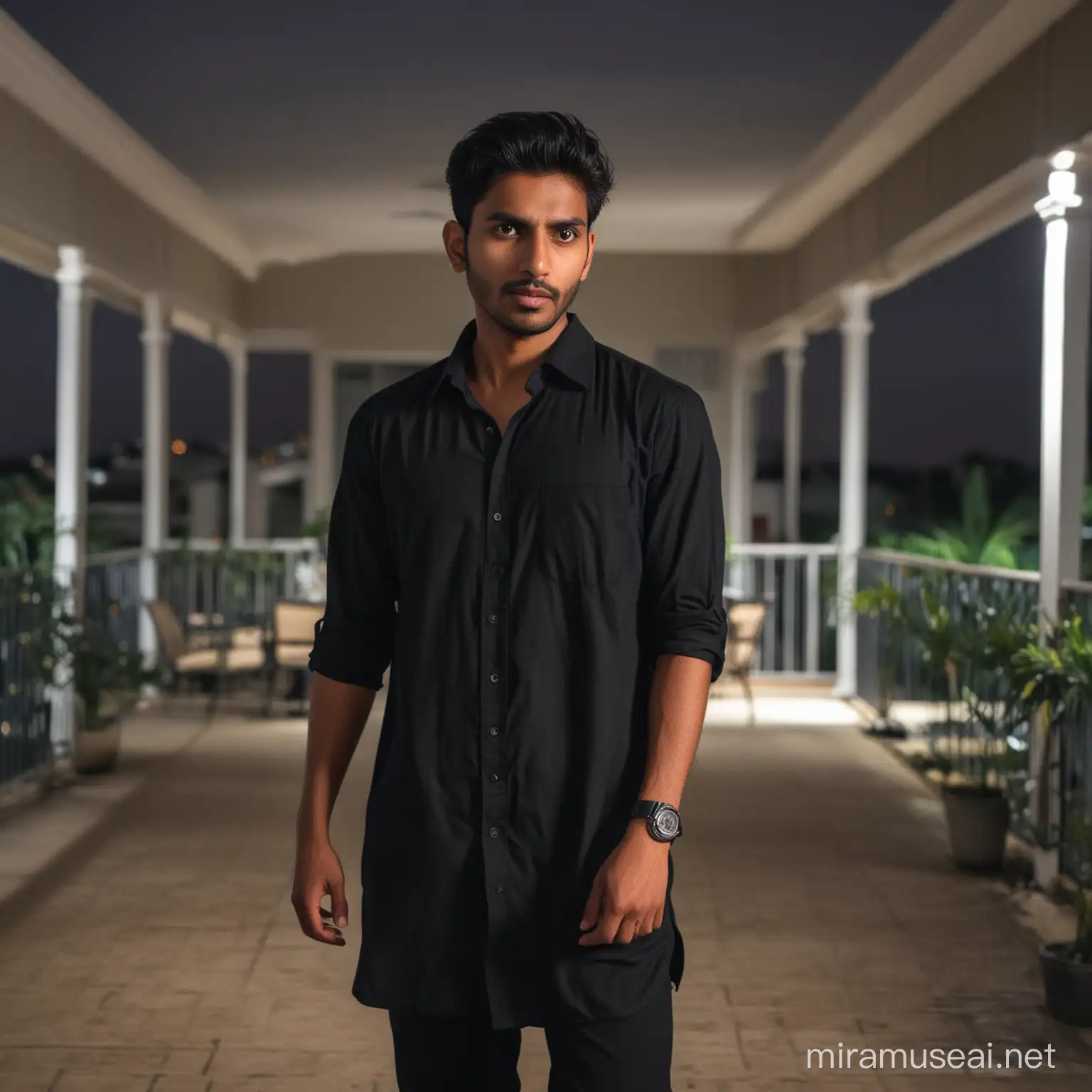 A young indian man wearing black shirt dress, standing in terrace of a bangalow, with shock face ,  at mid night time