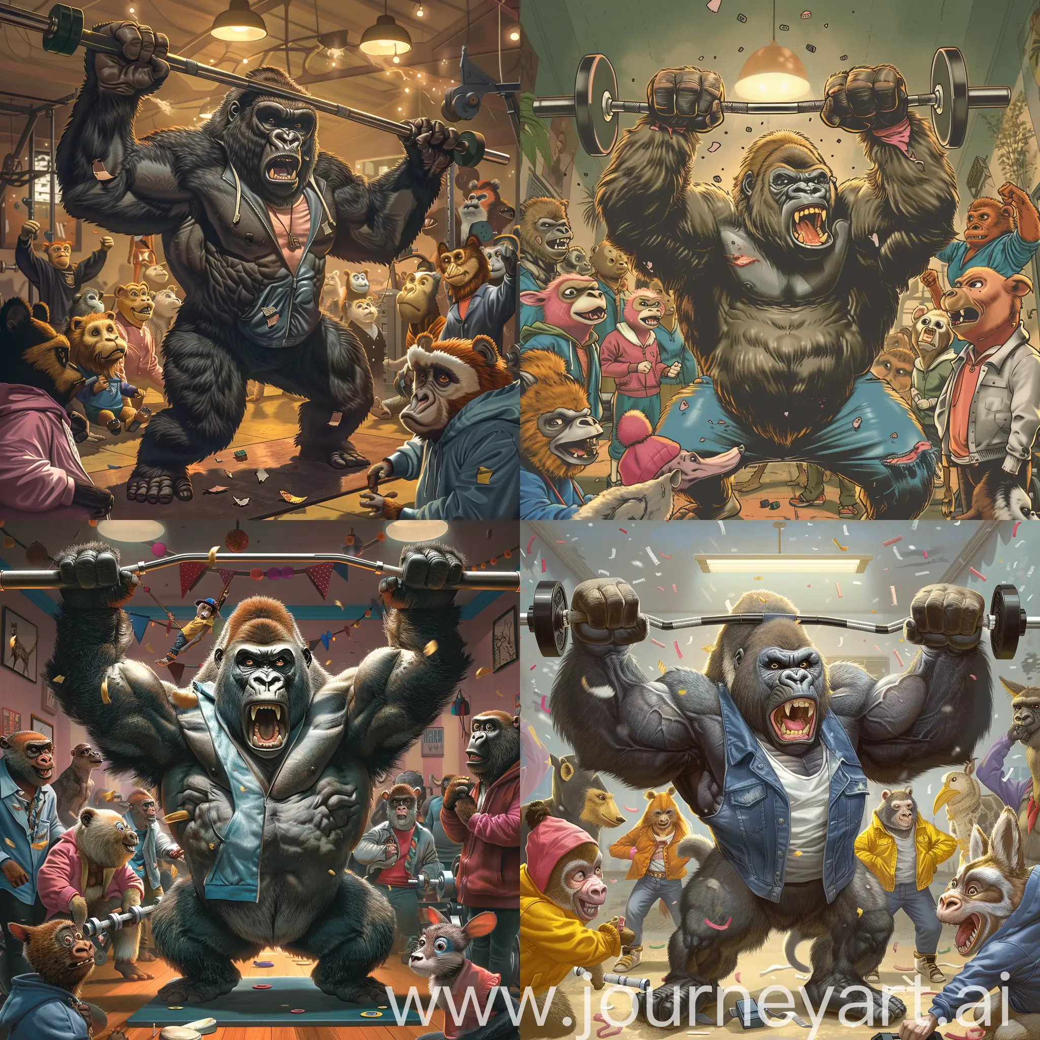 Powerful-Gorilla-Pumping-Iron-Surrounded-by-Astounded-Animals-in-Retro-Attire
