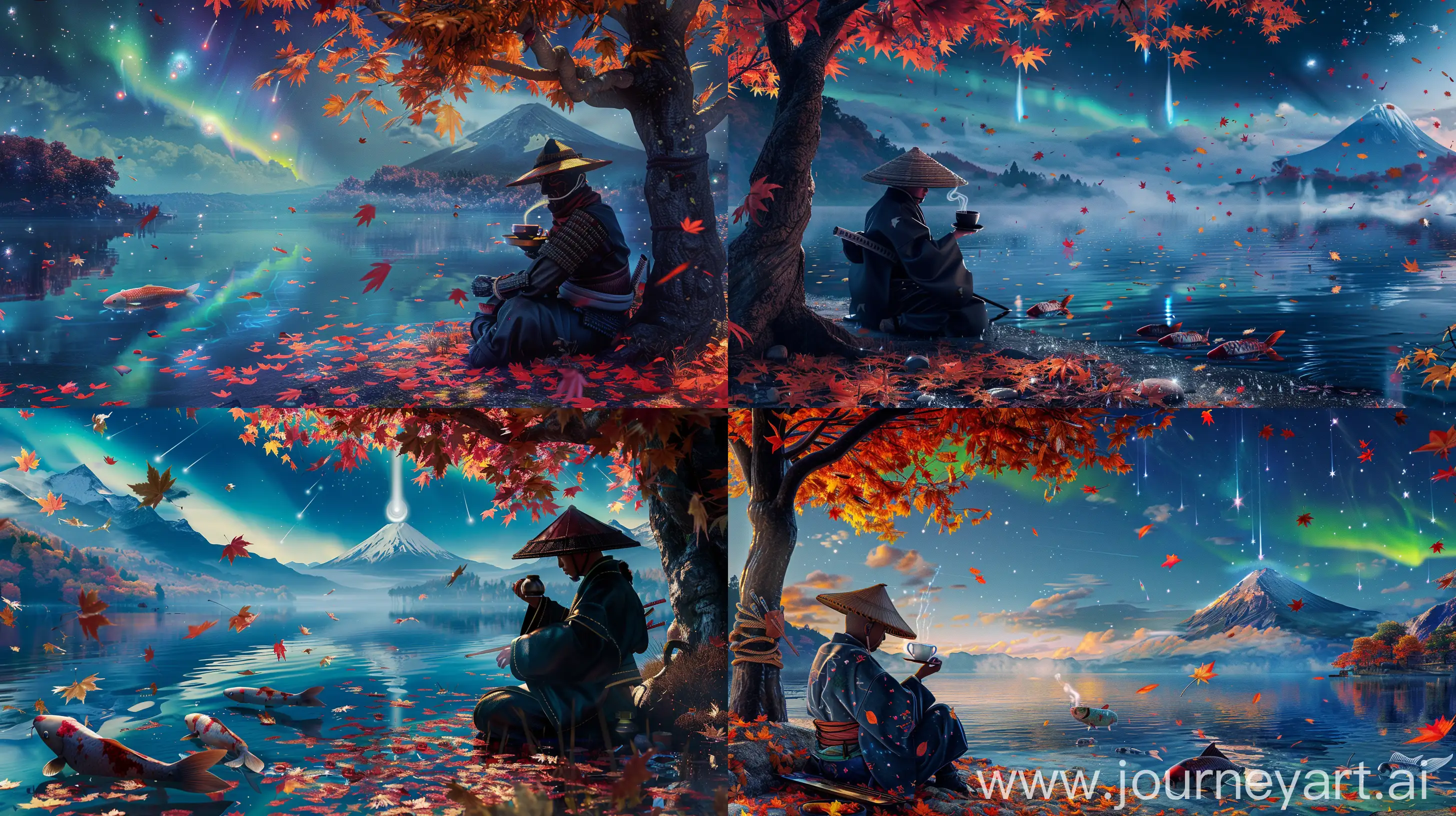 Fantasy-Samurai-Enjoying-Tea-under-Maple-Tree-with-Koi-Pond-and-Celestial-Show