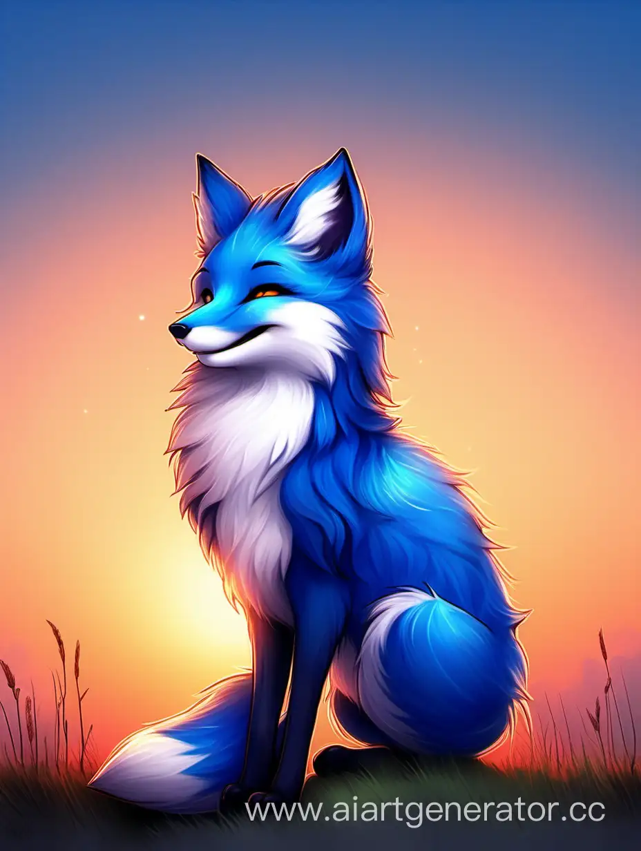 Синяя пушистая лисица улыбается на фоне заката