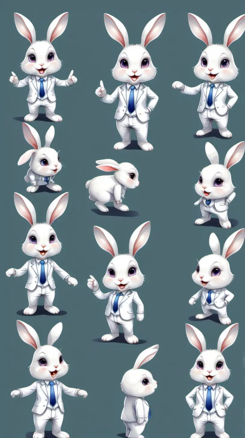 character sheet of a white bunny, different poses, wearing a suit, watercolor style, friendly face, bunny body, white bunny