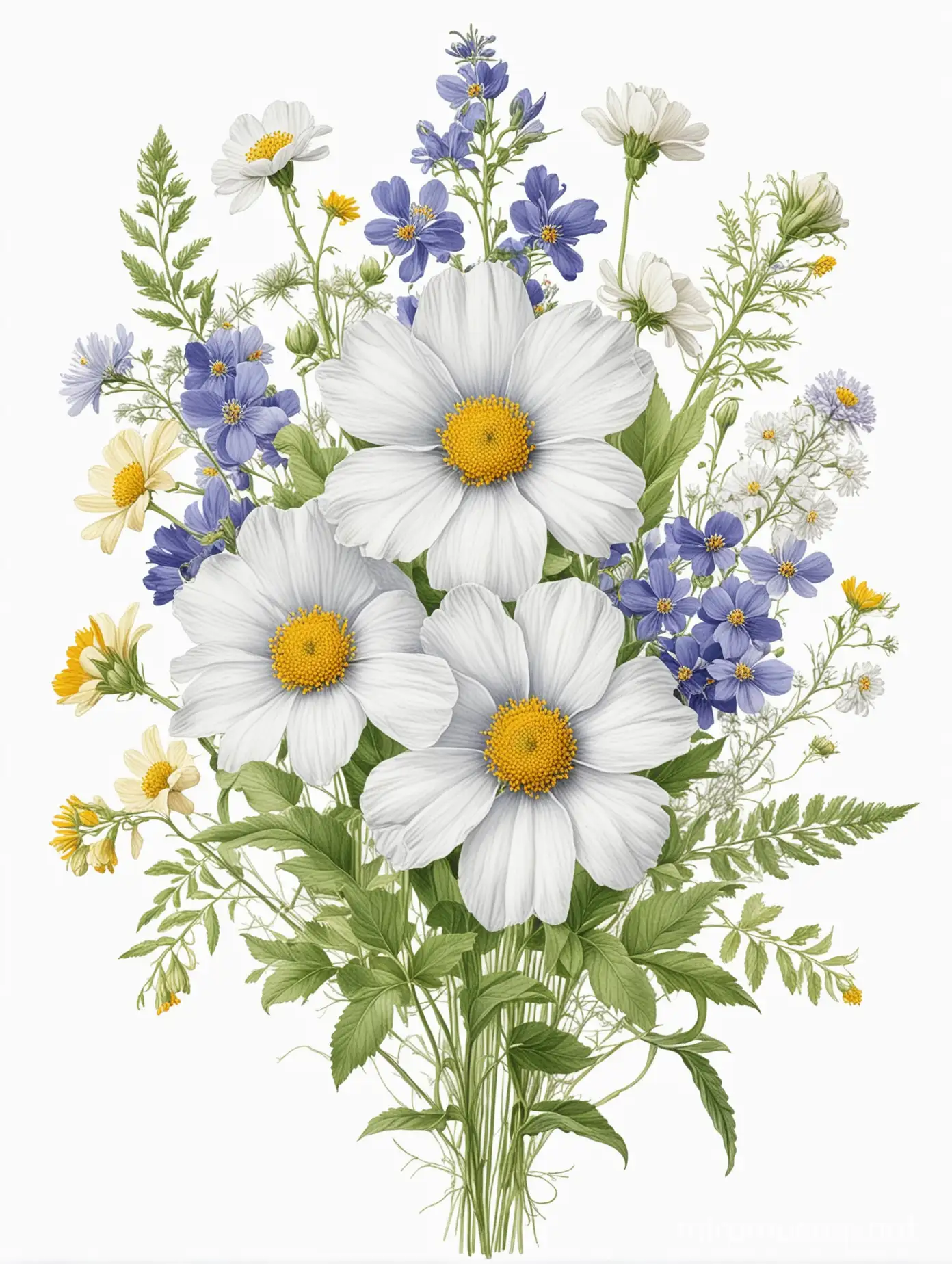 wildflower illustration, white background, single flower or bunch of flowers, center in image and do not exceed border