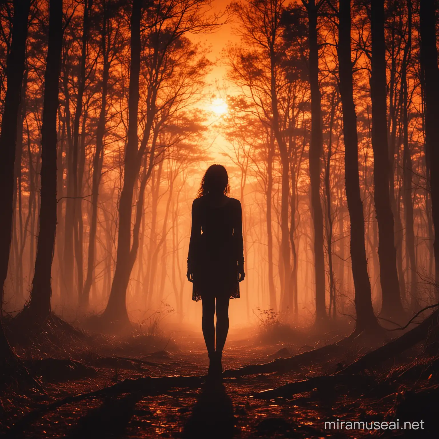 A hauntingly beautiful image of a woman standing in a dimly lit forest at sunset. Her silhouette is accentuated by the spitting shadows, with her expression full of mystery. The background reveals a vibrant sky with warm hues of orange and red, as the sun sets on the horizon. The atmosphere of the image is both eerie and enchanting.