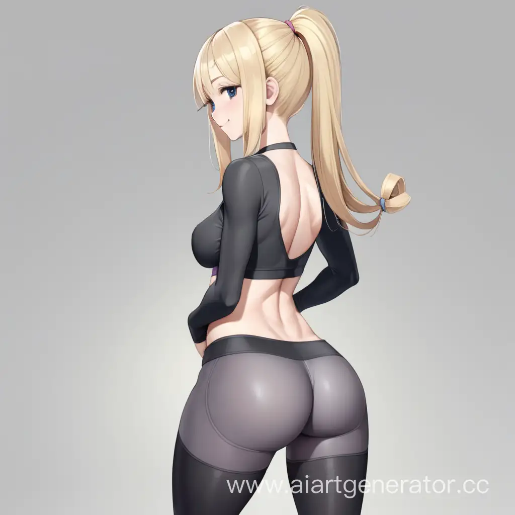 1girl__leggings__ass__big_ass__zoom_into_ass__blush__blonde_hair__pony_tail__small_breast__medium_hair__smile__solo__thick_thighs__thigh_gap