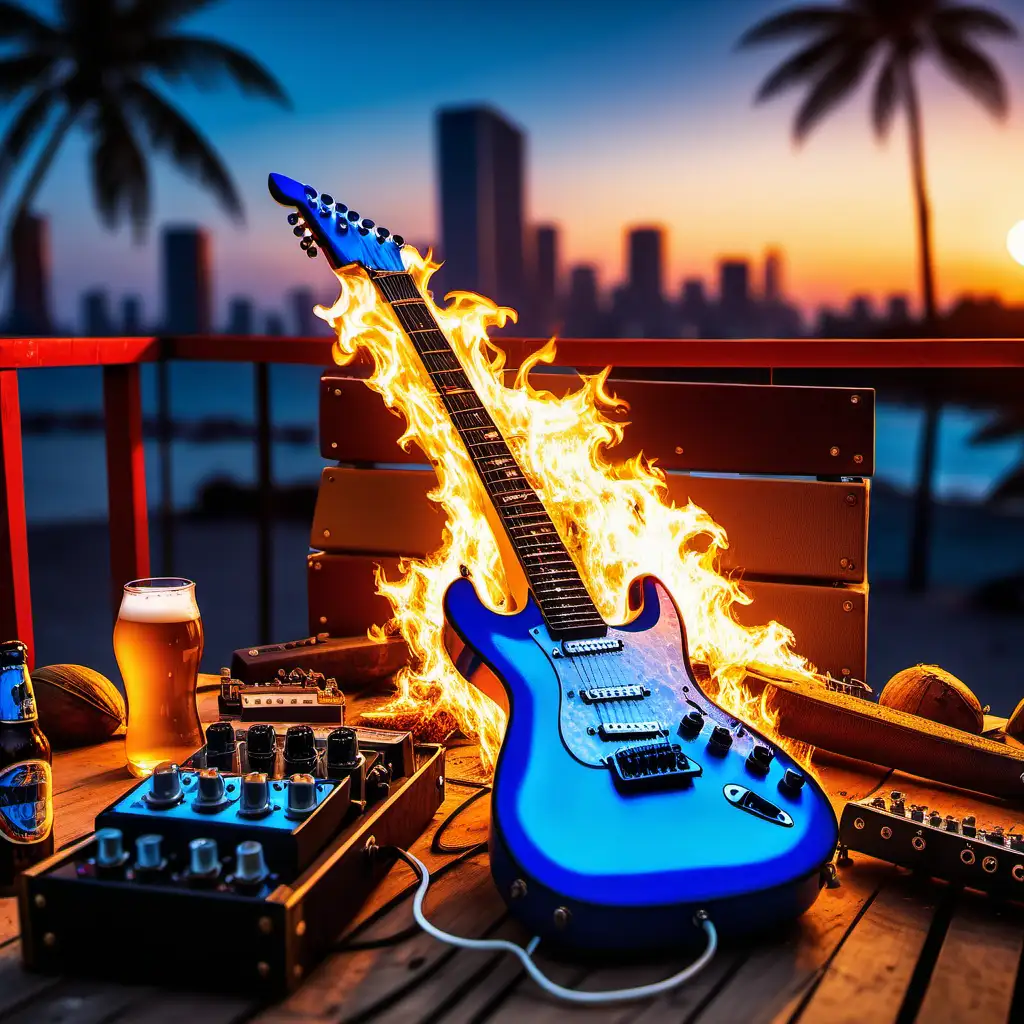 an electric guitar on fire, coconuts, beers, joints, guitar pedals, in a concert stage in a bar. Coconuts in a sunset blue hour. 