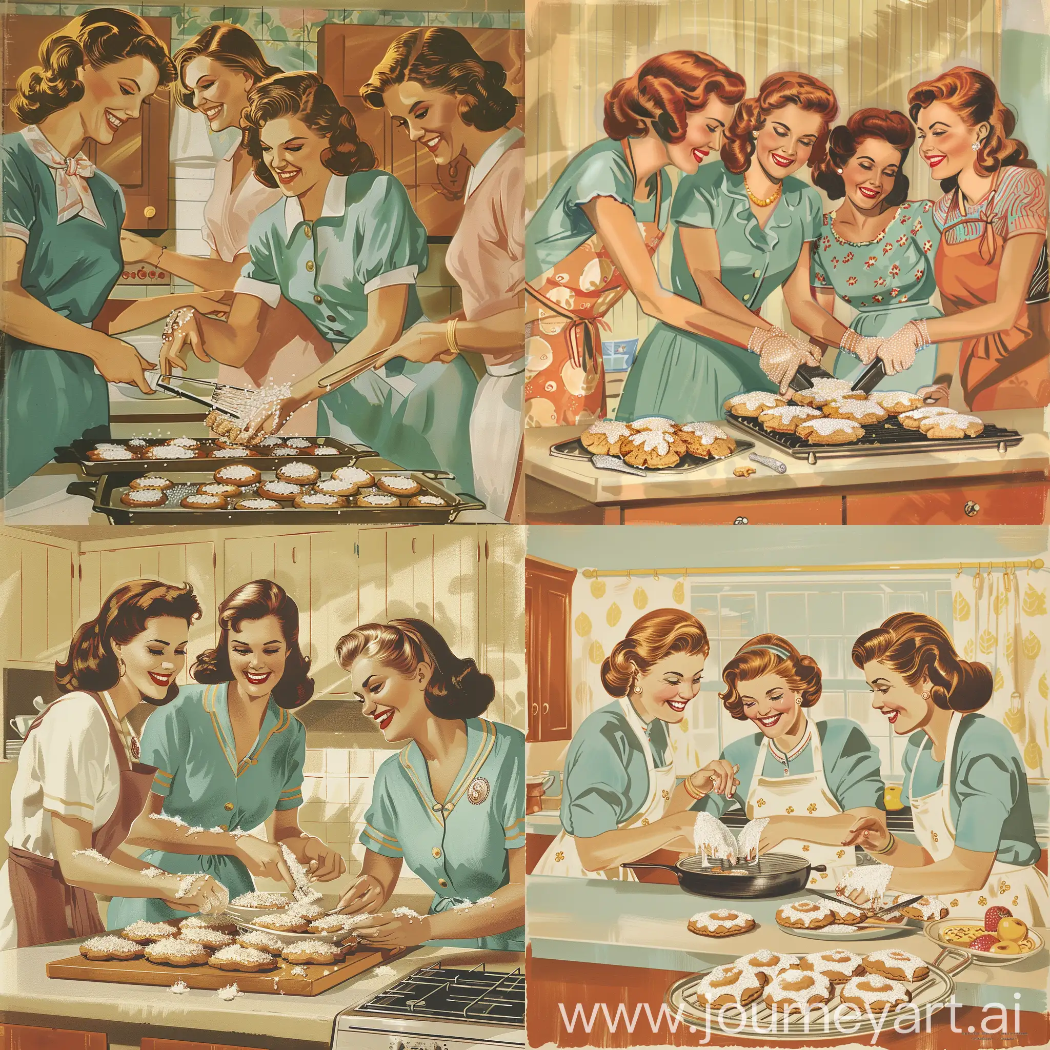 an illustration of three women baking cookies covered with sugar icing while smiling in a cozy kitchen in the 1950s in the midcentury style of Josh Agle