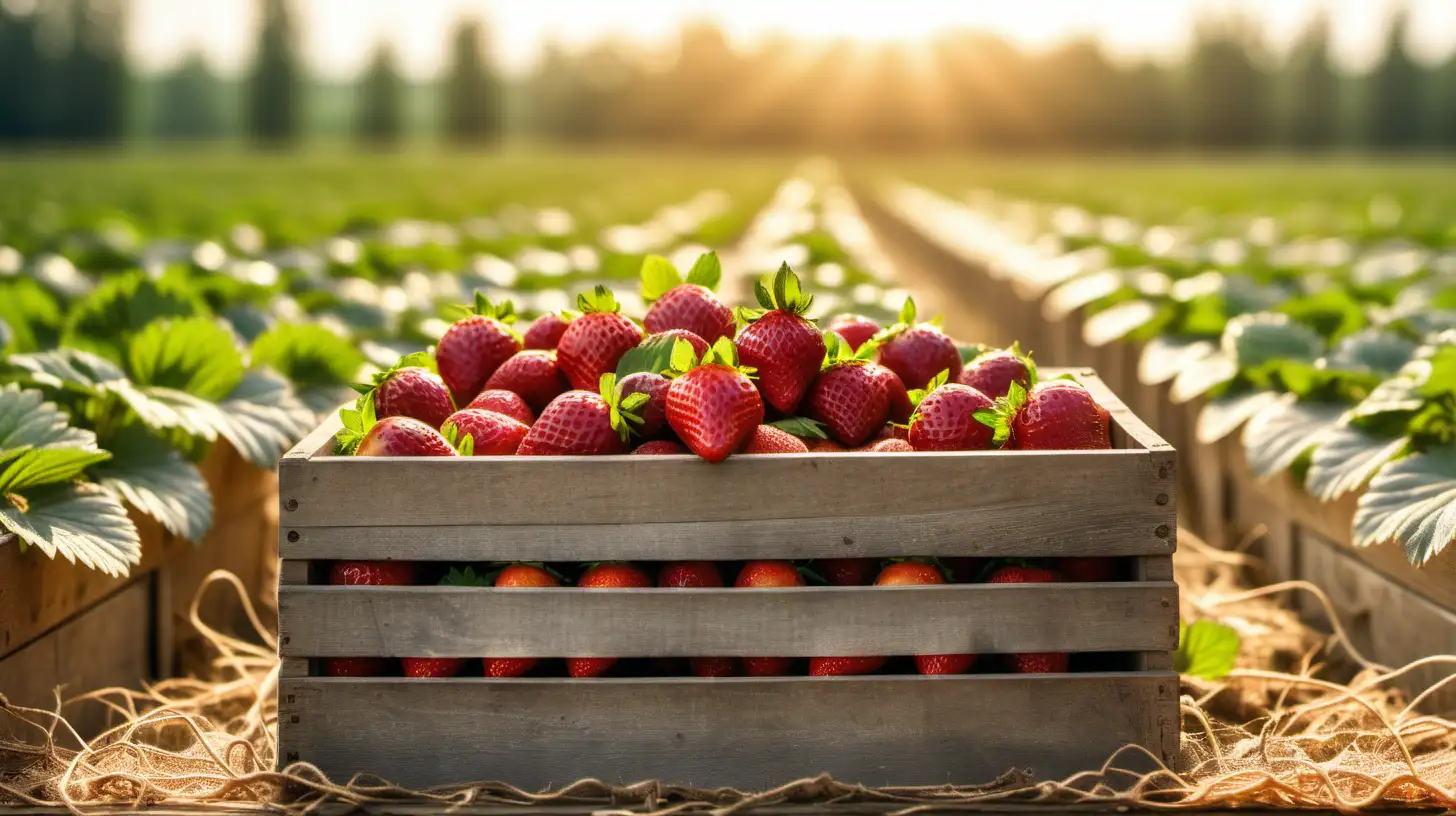 Fresh Organic Strawberries in Sunlit Wooden Box on Farm