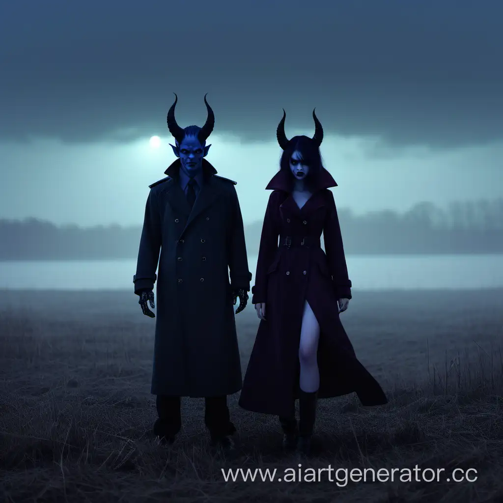 Демон-парень и демон-девушка, в пальто, на фоне туманного поля, сумерки.