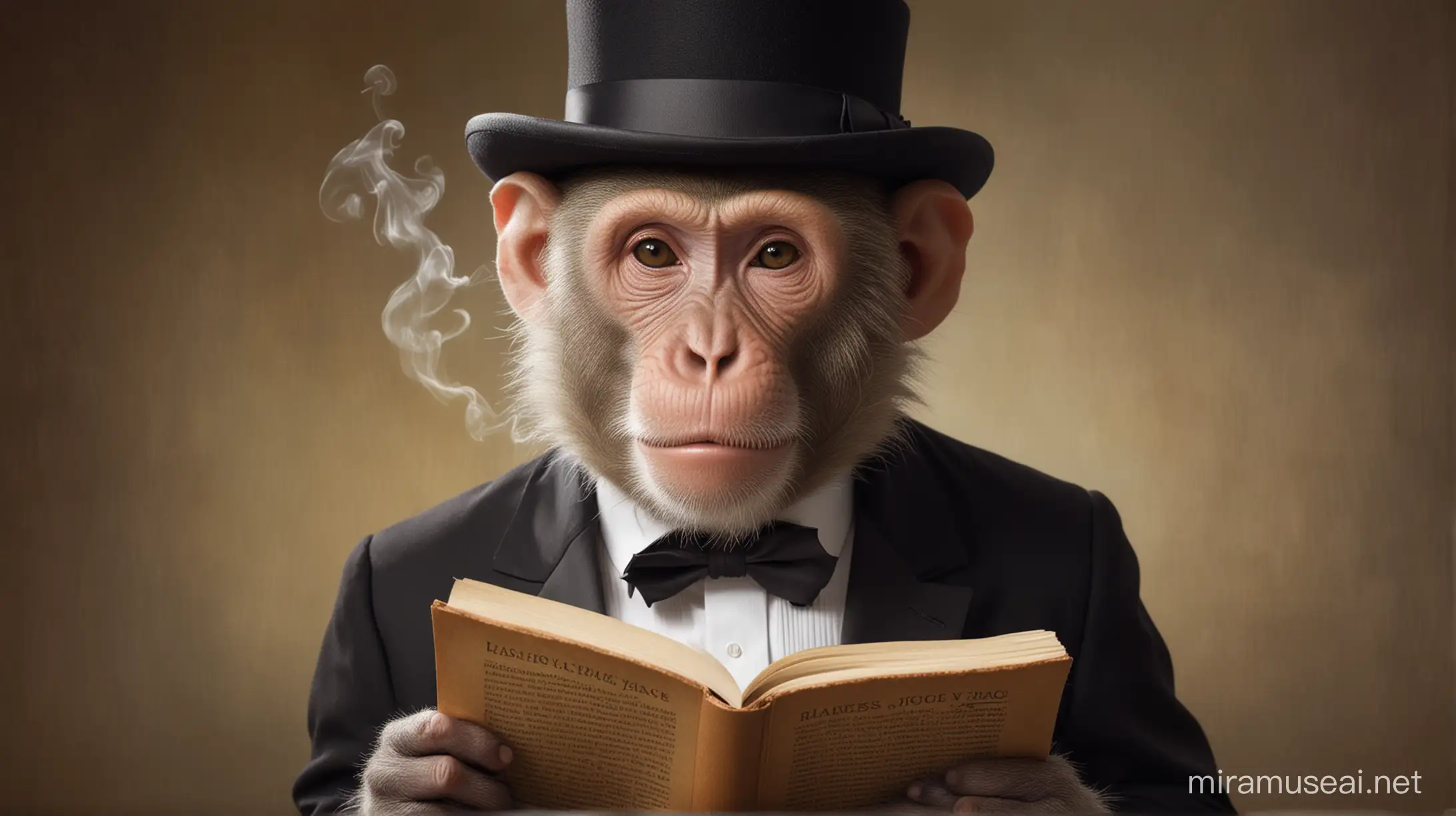 And Bald monkey wearing a straght brim hat reading James Joyce ULYSSES novel. He is wearing a fine tuxedo and smoking a vape.