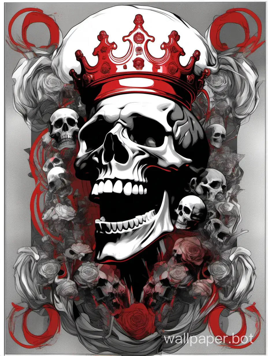 glitch crazy laugh skull wearing a fluid crown, assimetrical, alphonse mucha, poster, hiperdetailed, black,white, gray, red, hipercontrast