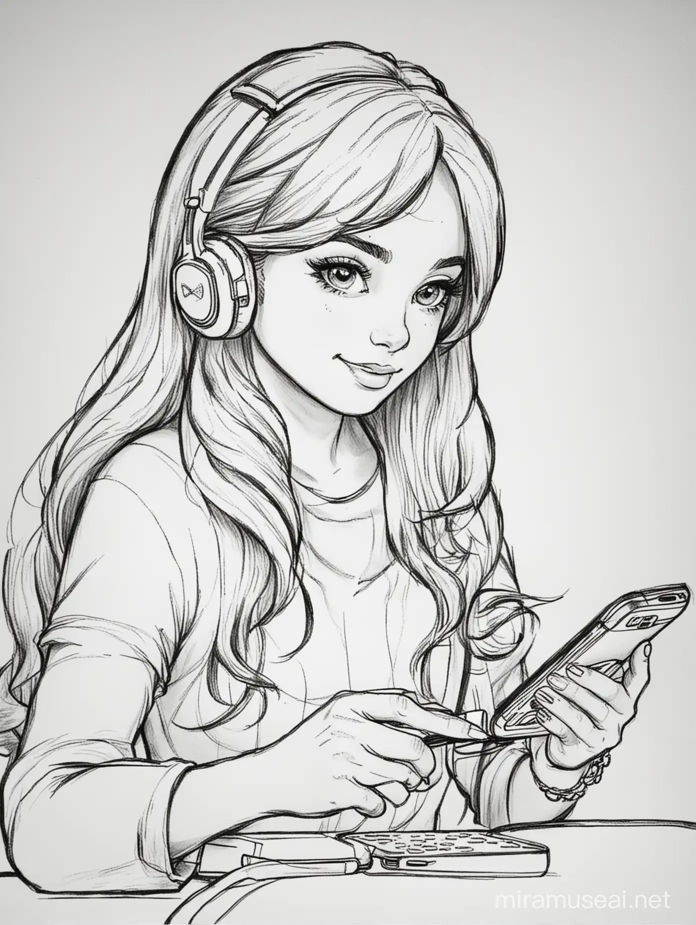 coloring page of a girl playing phone games