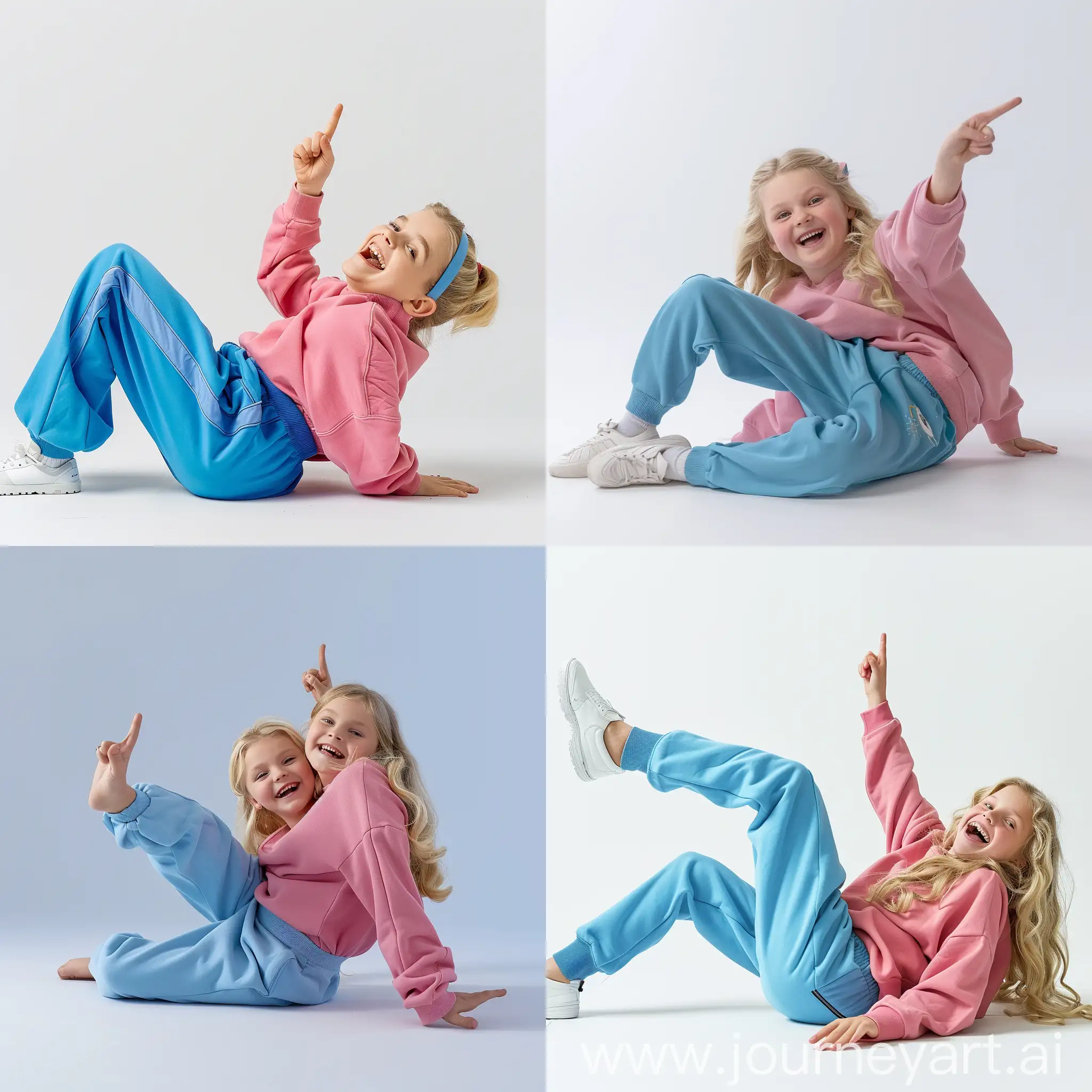 Full figure detailed indoor photo  of European  blonde laughing cute girl, dressed at Barbie-pink sweatshirt and blue soft sports trousers,  lying on her back on the floor, turns her head to the side and looks straight at the camera and pointing up with pointing finger, clear white background, legs  are necessarily visible, we see her from the side, soft colors, studio light, best quality, full body portraits, real pictures, intricate details,  beautiful lighting, raw photos, 8k ultra hd