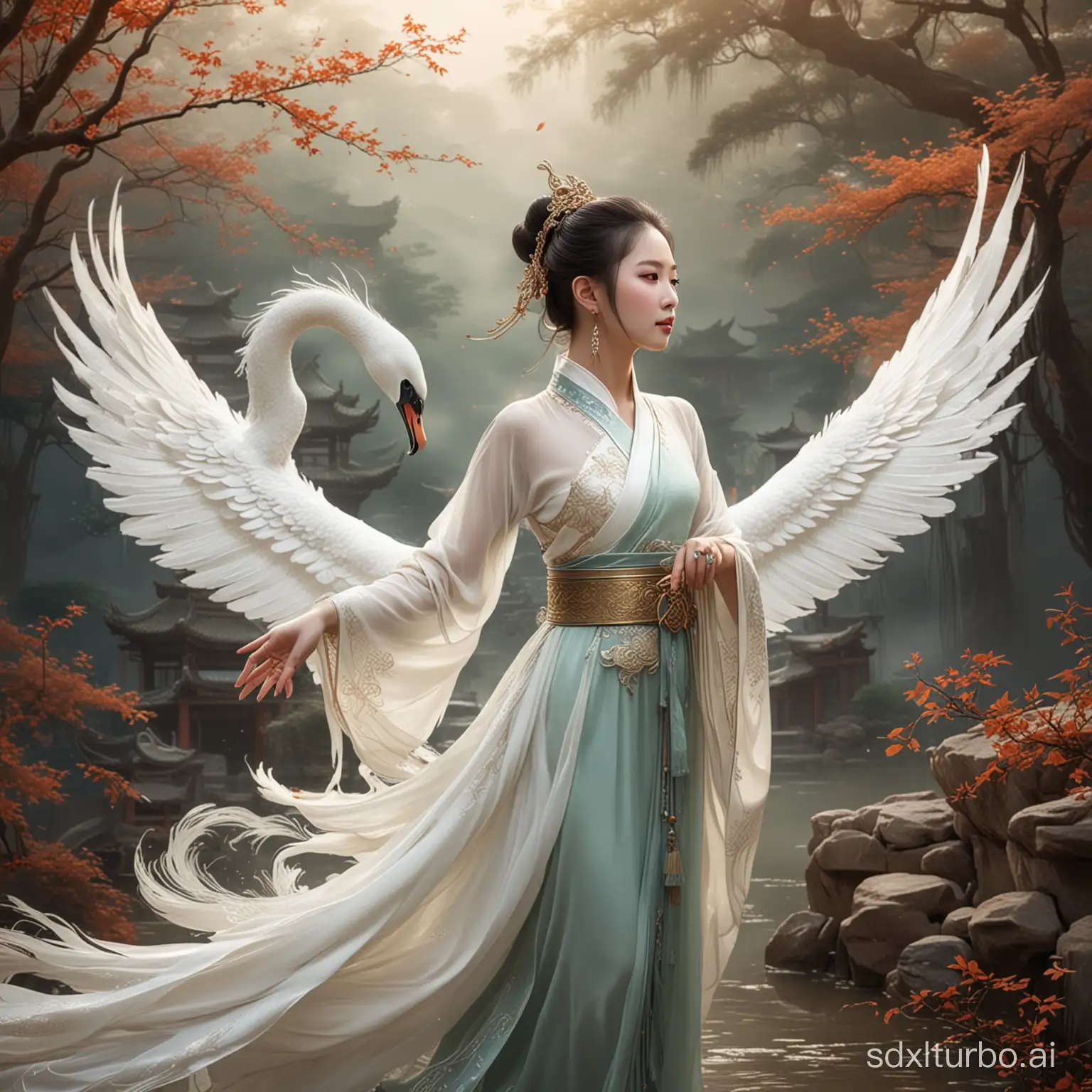 A Chinese beauty in ancient style, graceful like a startled swan, elegant like a wandering dragon