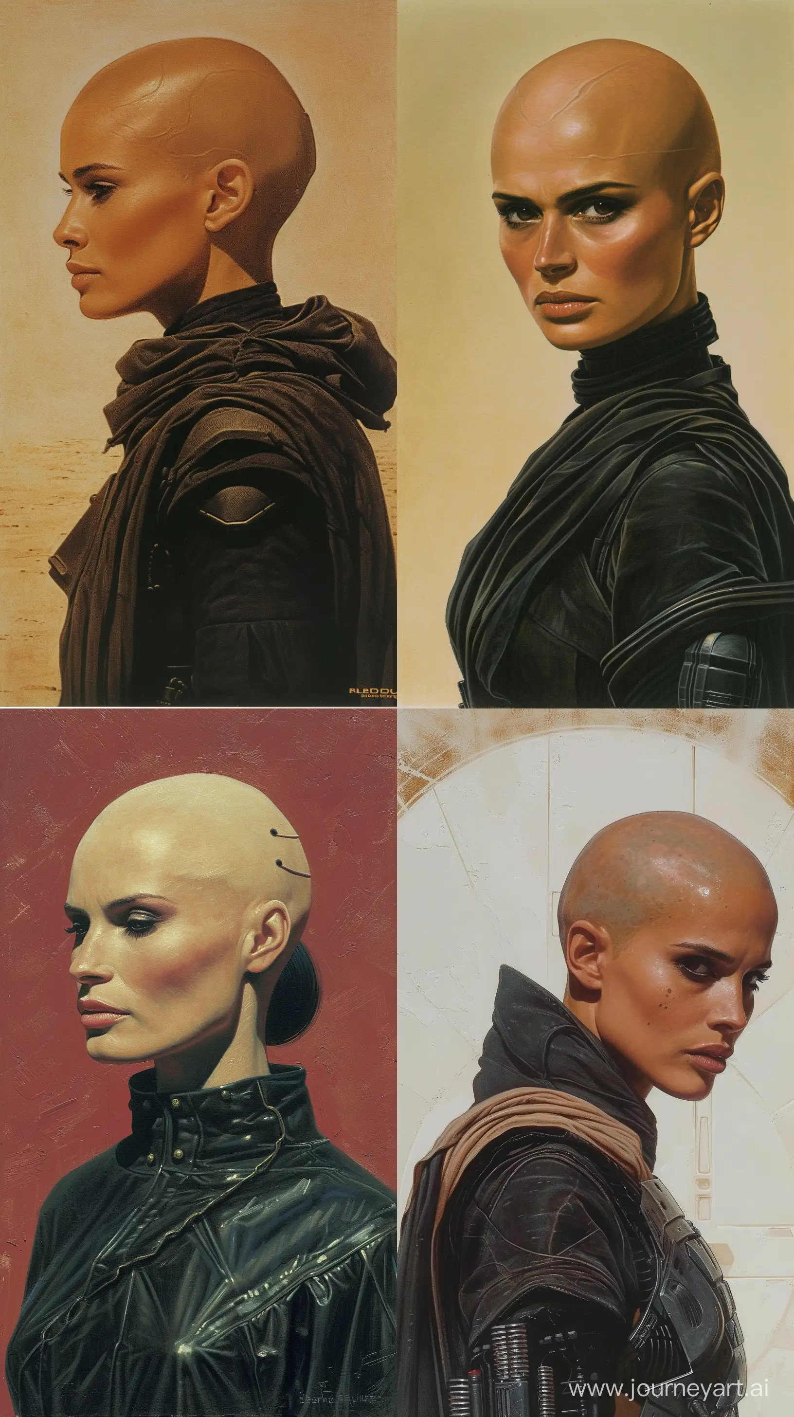 Concept art of a bald Bene Gesserit woman from Jodorowsky's Dune painted by Ralph McQuarrie. Dune. Retro Science Fiction Art style. in color. --ar 9:16