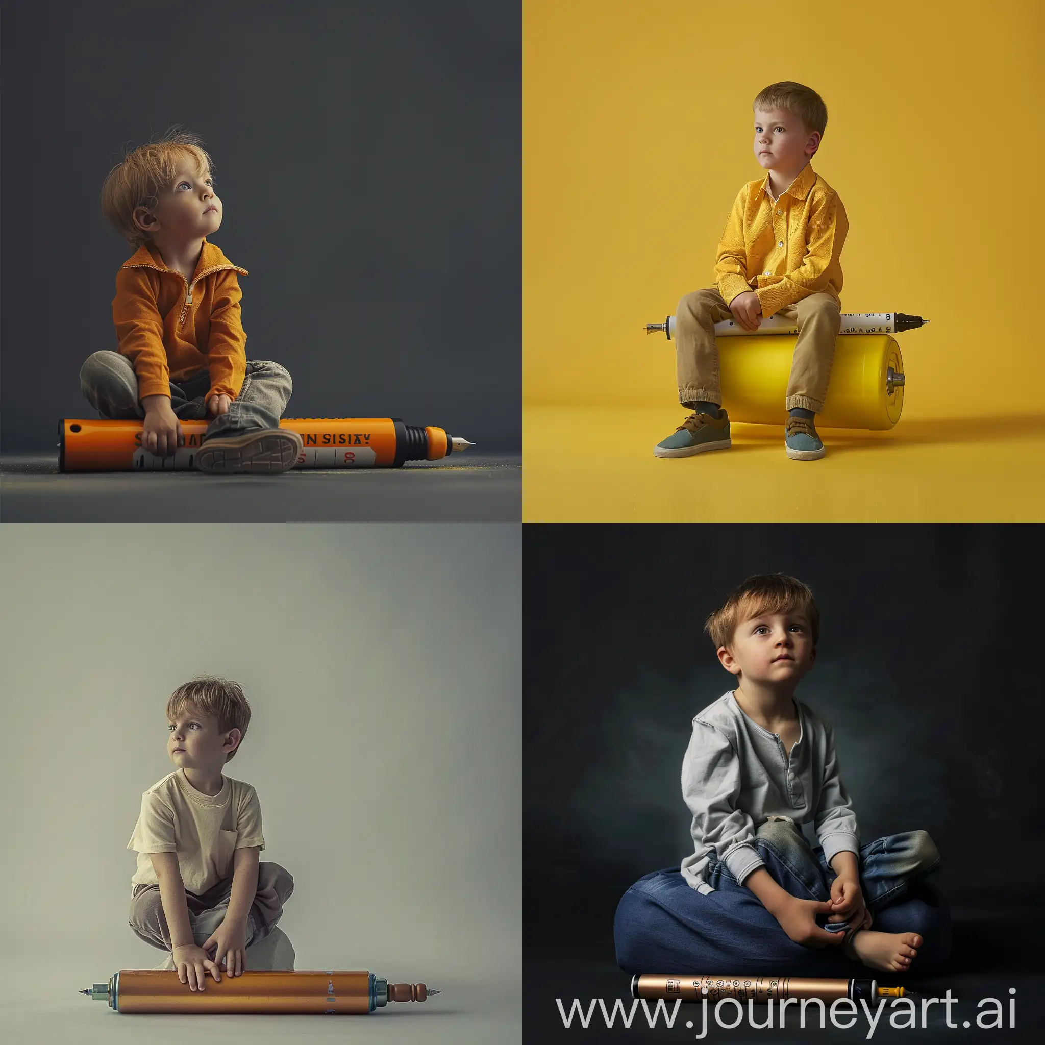 A boy sitting on a pen battery