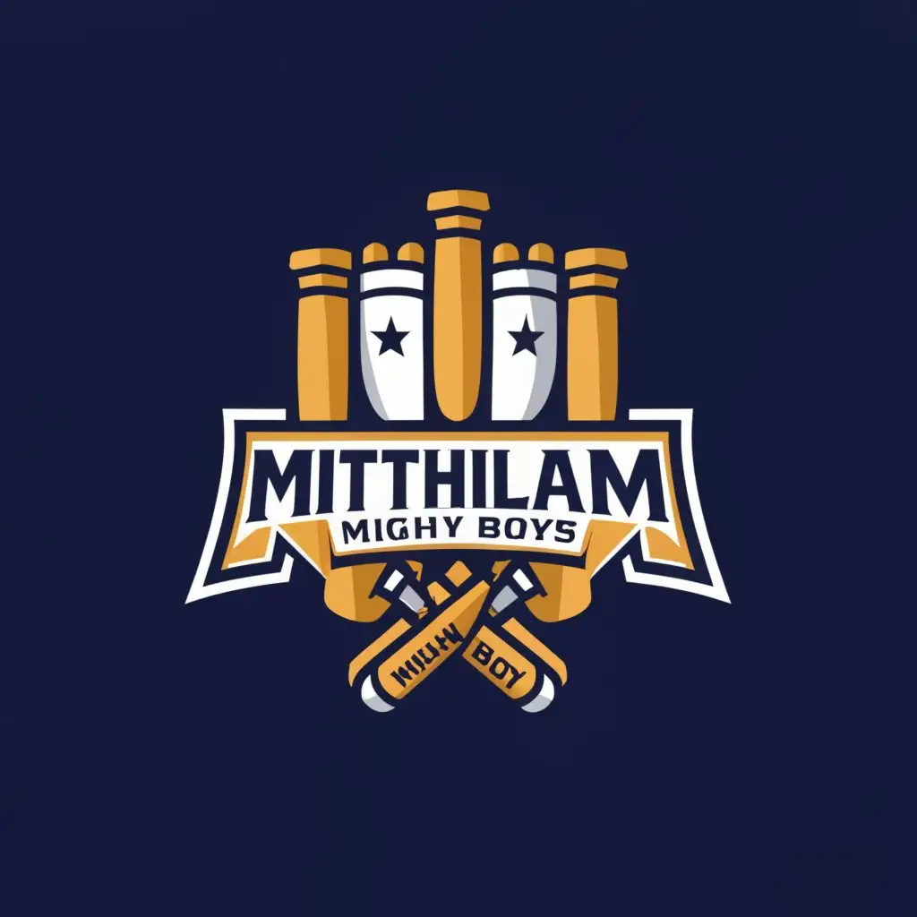 a logo design,with the text "Mithilam Mighty Boys", main symbol:Cricket team,complex,clear background
