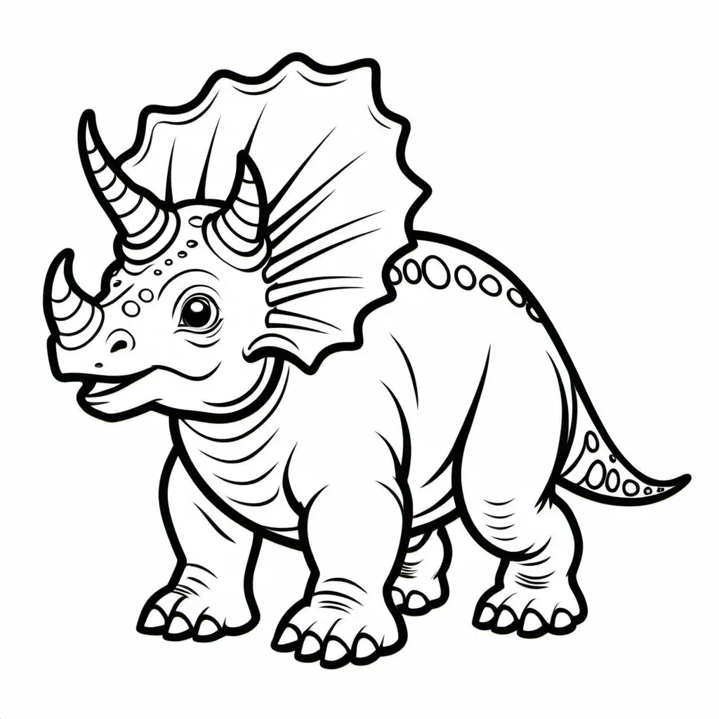 Triceratops for kid, Coloring Page, black and white, line art, white background, Simplicity, Ample White Space. The background of the coloring page is plain white to make it easy for young children to color within the lines. The outlines of all the subjects are easy to distinguish, making it simple for kids to color without too much difficulty