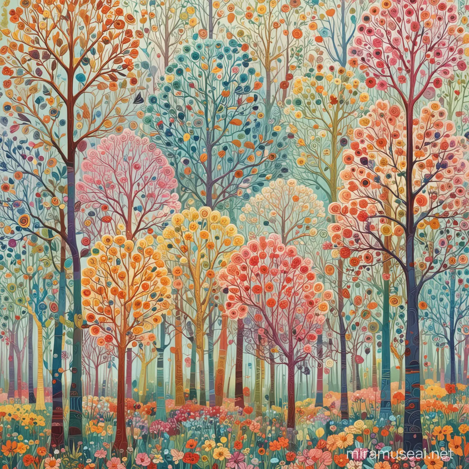 Rainbow Forest Whmisical Art, soft colors, soft lines, delicate, naive art colorful trees and flowers
