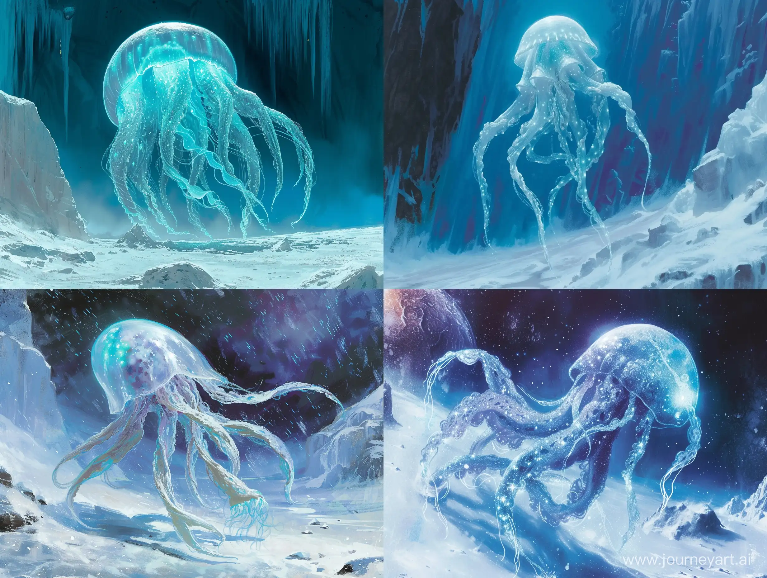 a bioluminescent otherworldly alien creature that is like a cross between a jellyfish and cuttlefish being encountered  in the icy oceans of Europa. painted in the style of Ralph McQuarrie. cold colors.  retro science fiction style.