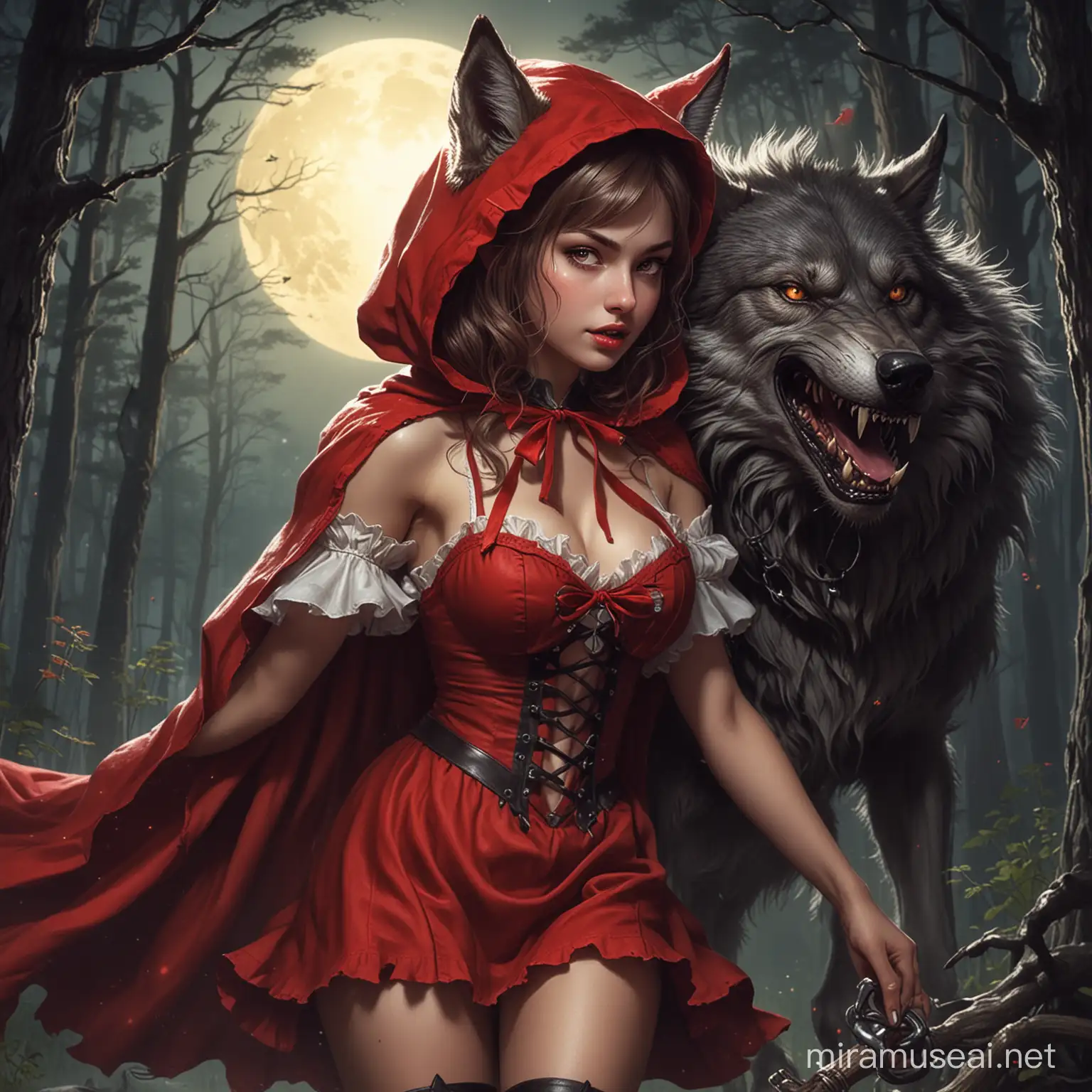 a hot summer night little red riding hood with a monster wolf clamping down on her neck