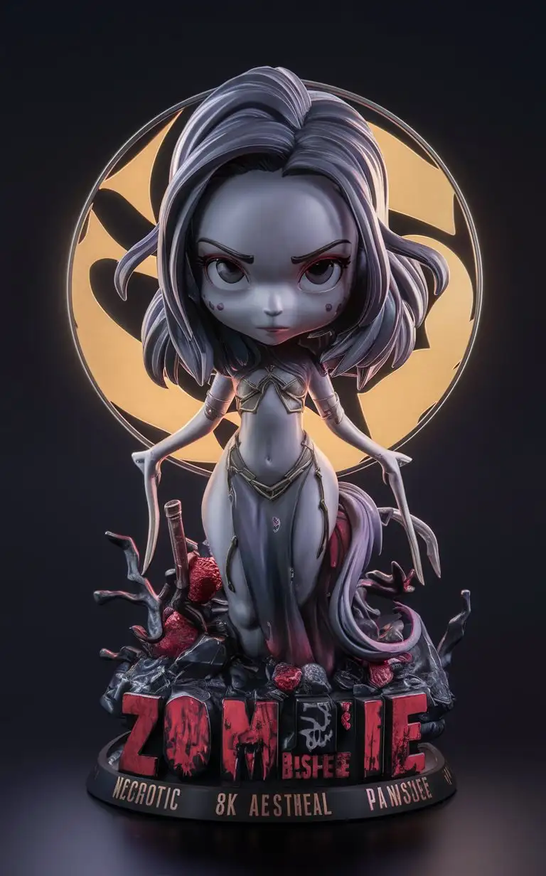Create a highly detailed 3D cartoon Zombie Apocalypse character portrait render of a full-body uhd Necrotic Banshee Figurine. The figurine stands at 3.5 inches tall and exudes an aura of mystery and stealth. Crafted from sleek metal alloy, it captures the ethereal beauty of the Banshee with precision and elegance. With intricate sculpting and hand-painted details, this figurine is a chilling reminder of the horrors of the undead. The Zombie Apocalypse aesthetic adds to its allure, while crisp zombie text adorns the base. Rendered in breathtaking 8k16k anime style with glossy lines and intricate detailing, this figurine is sure to captivate collectors and enthusiasts alike.