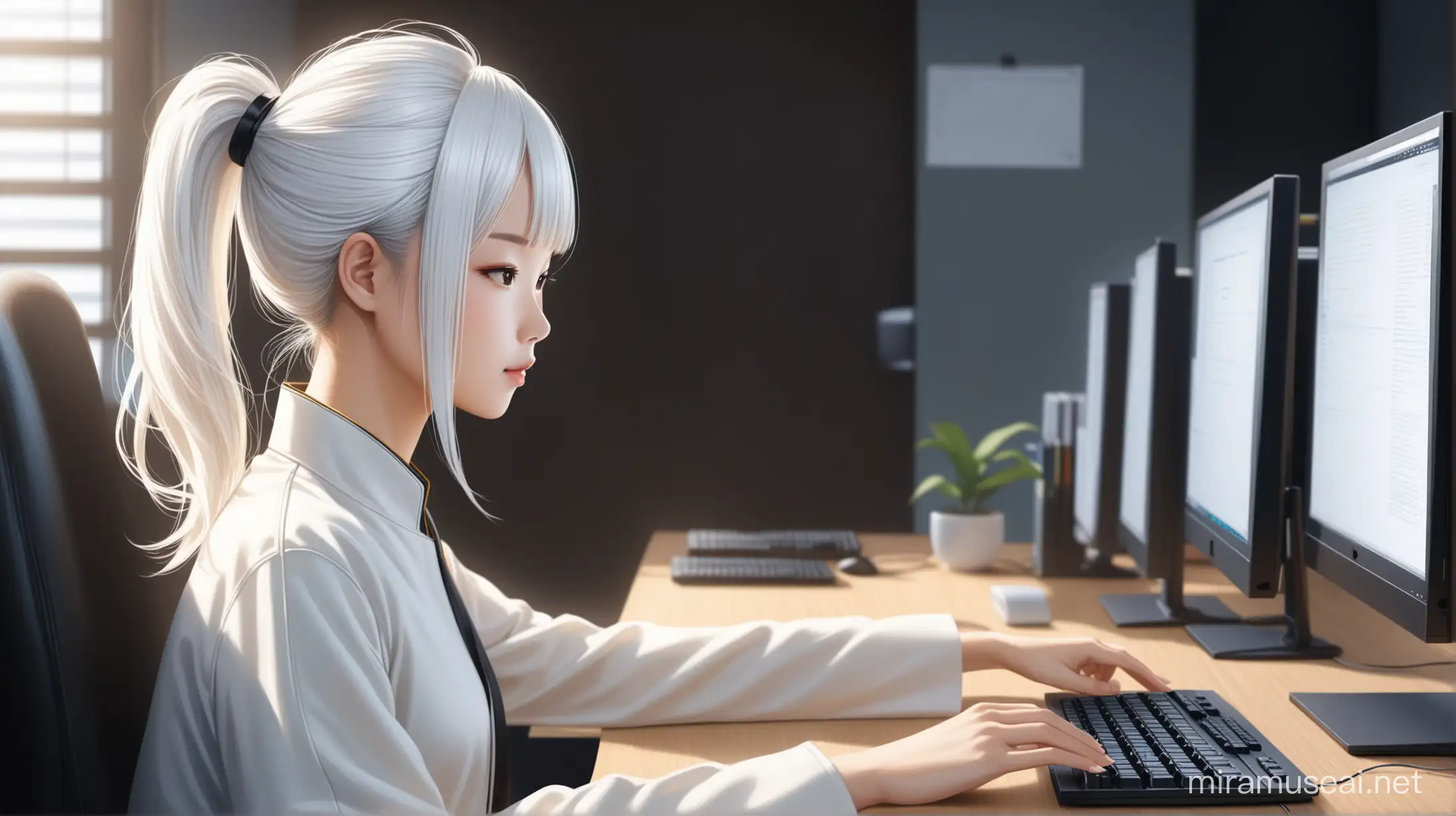 Asian Girl with Kare Hairstyle Programming on Home Computer in Realistic 4K View