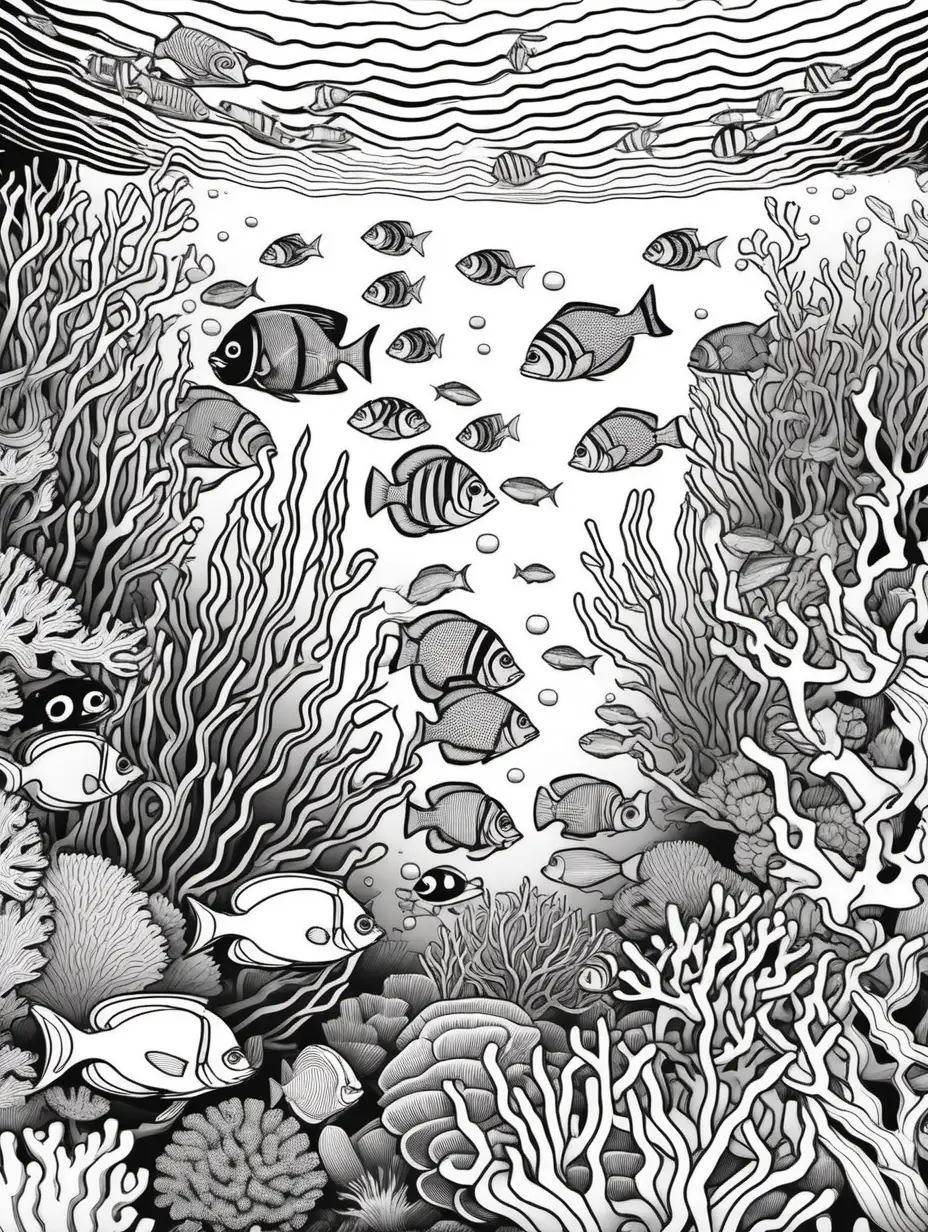 Detailed Adult Coloring Page Tranquil Underwater Scene with Colorful Coral Reefs and Swimming Fish