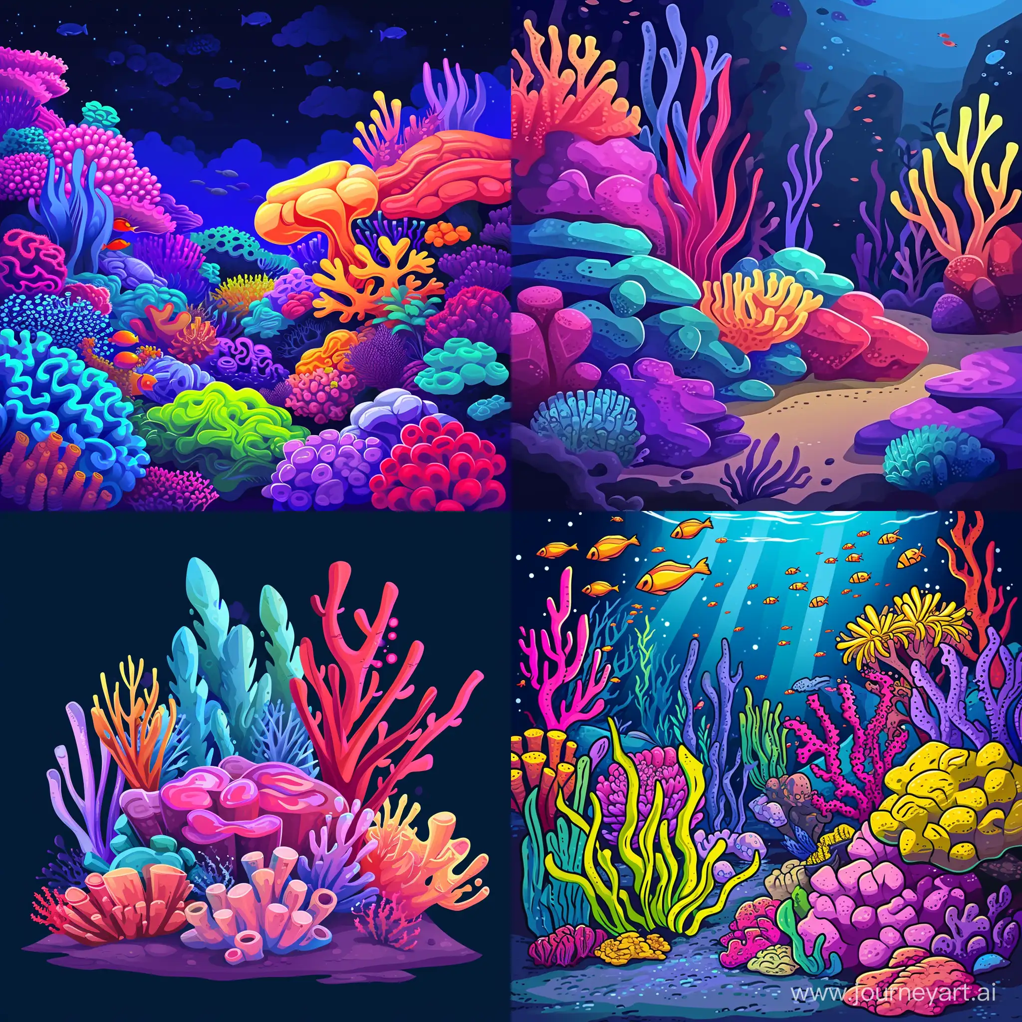 coral reef, in cartoon style, bright and neon colors