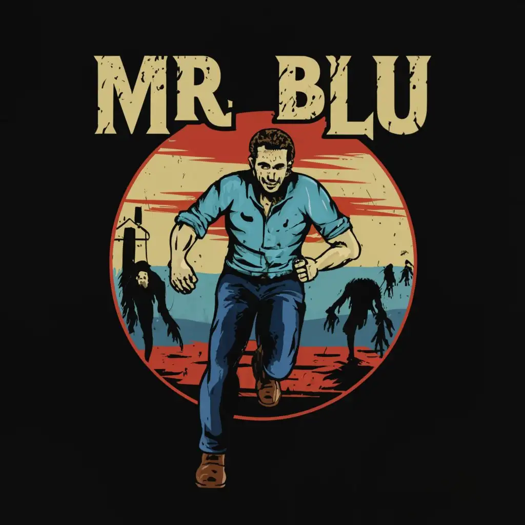 logo, survival man running from zombies, with the text "Mr Blu", typography