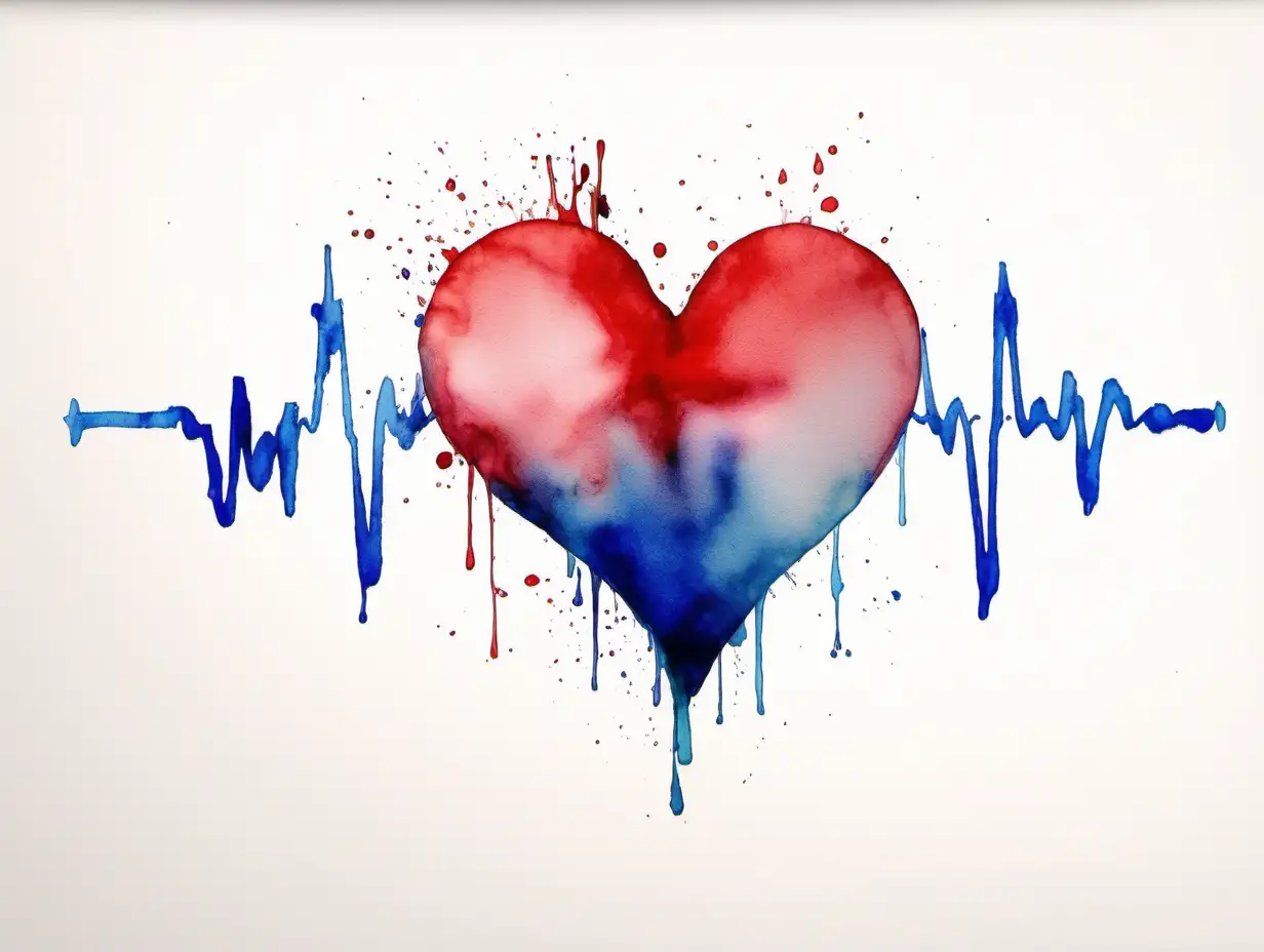 Cardiogram depicting the water colour heart of love, where it shows beats and meaning in life minimal 
white background

