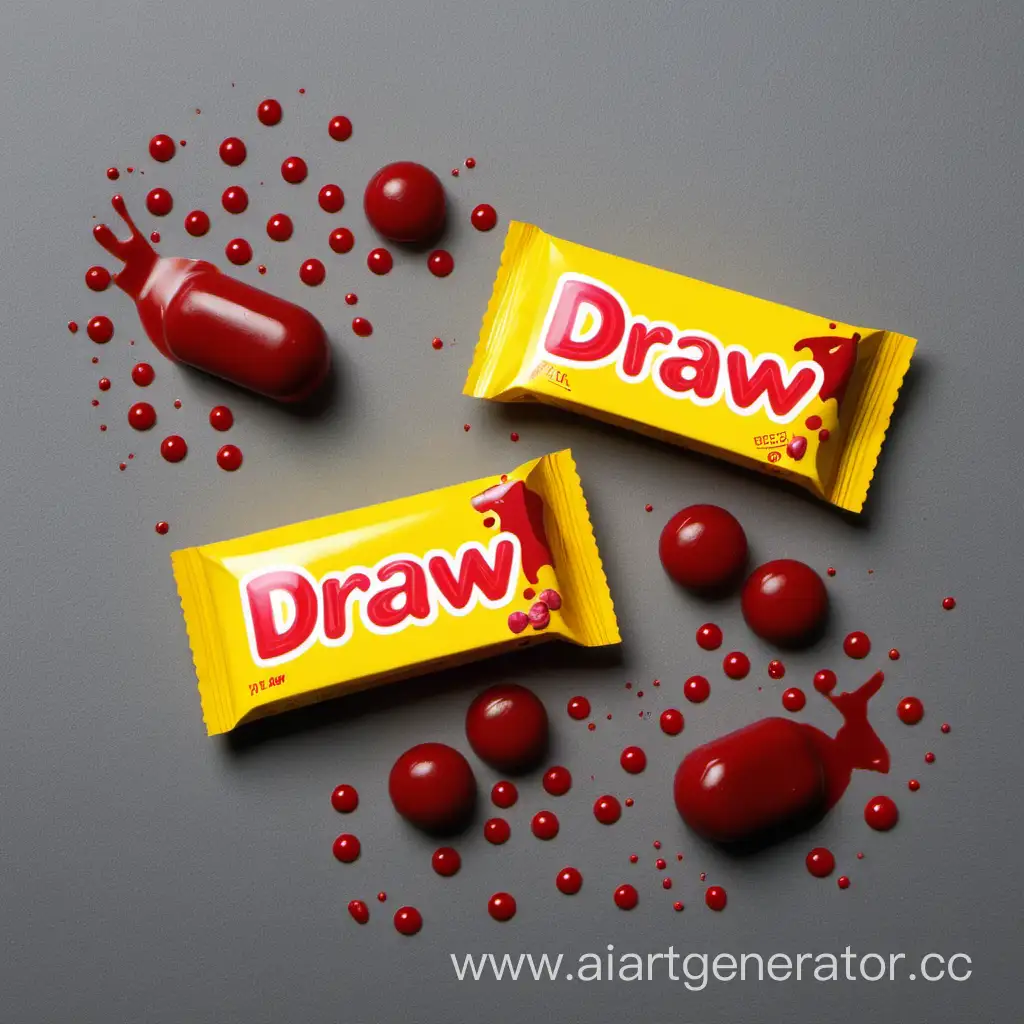 Нарисуй конфеты в упаковках, они желтого цвета, лежат на сером фоне, под ними кровь.