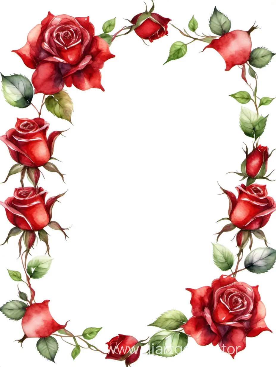 Watercolor frame of twining red roses on a white background, many large and small roses