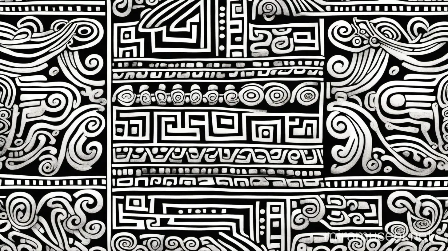 black and white line drawing of a repeating mayan pattern