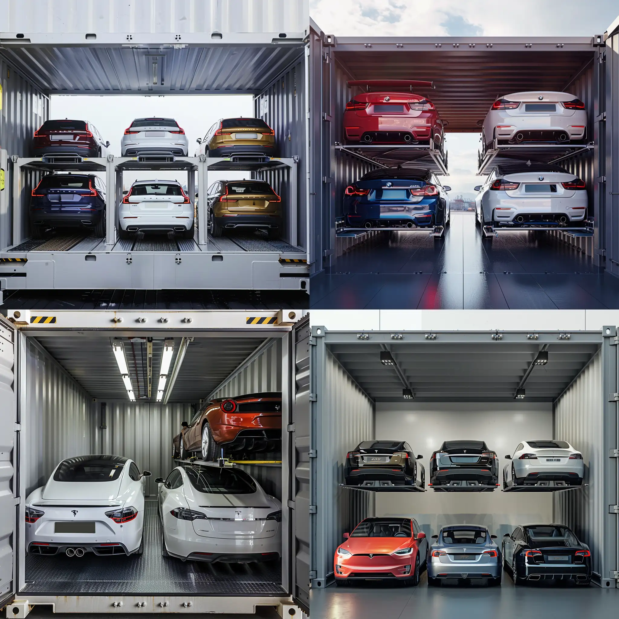 Vehicle Racking Systems, Car loaded , container, 4 cars in one container, the cars from side, Different type of cars,4