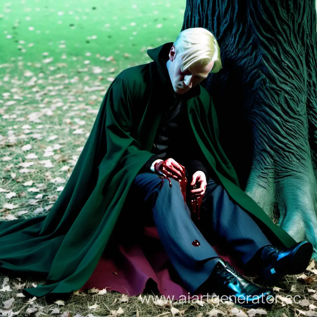 Драко Малфой в мантии истекает кровью под деревом. Он ранен в ногу