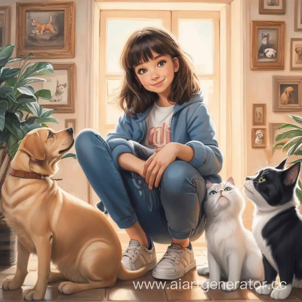 Affectionate-Girl-Surrounded-by-Dogs-and-Cats