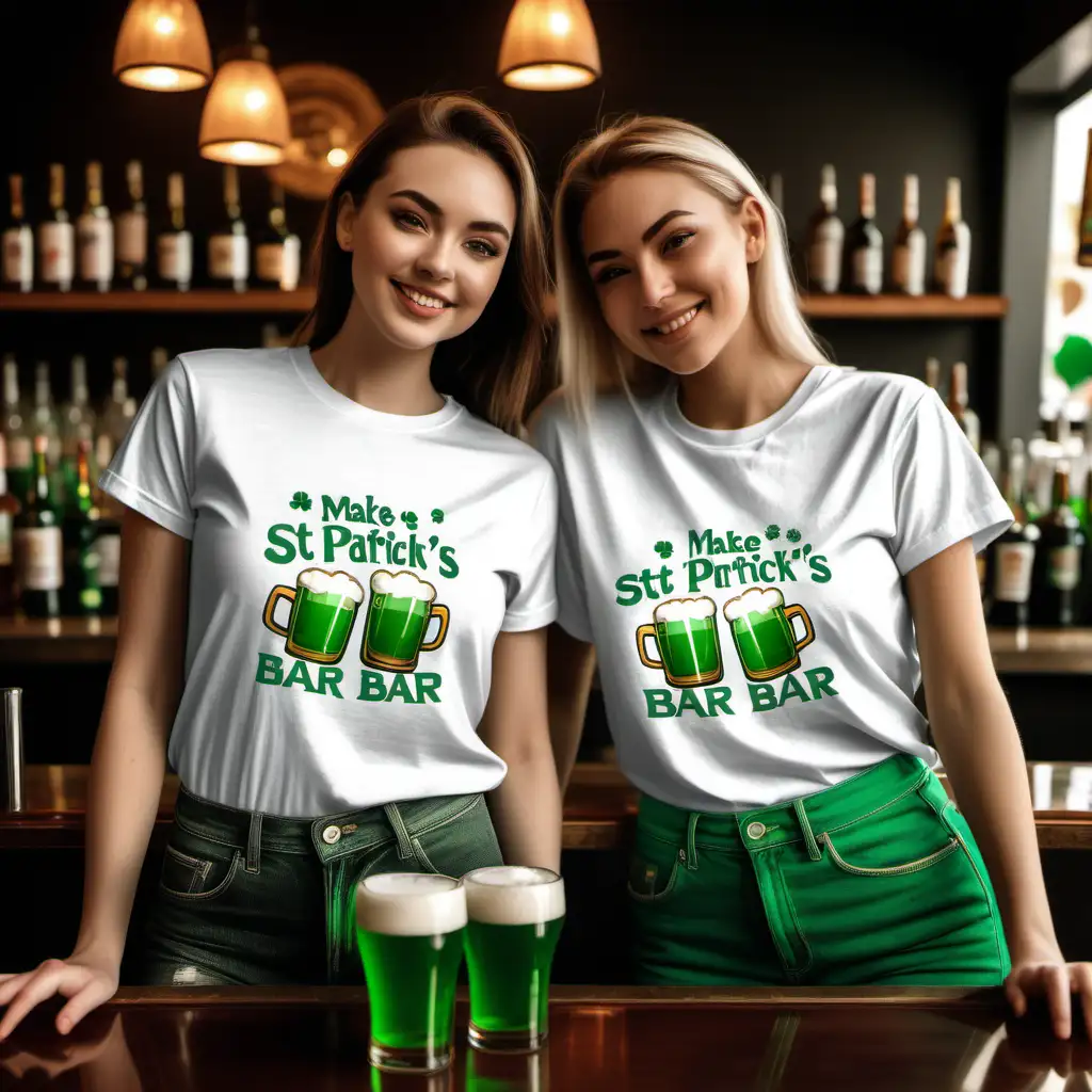 A tshirt mockup featuring two girls at a bar. Make the bar decorated for st patricks day.  One girl in a white shirt.  One in a green shirt. 