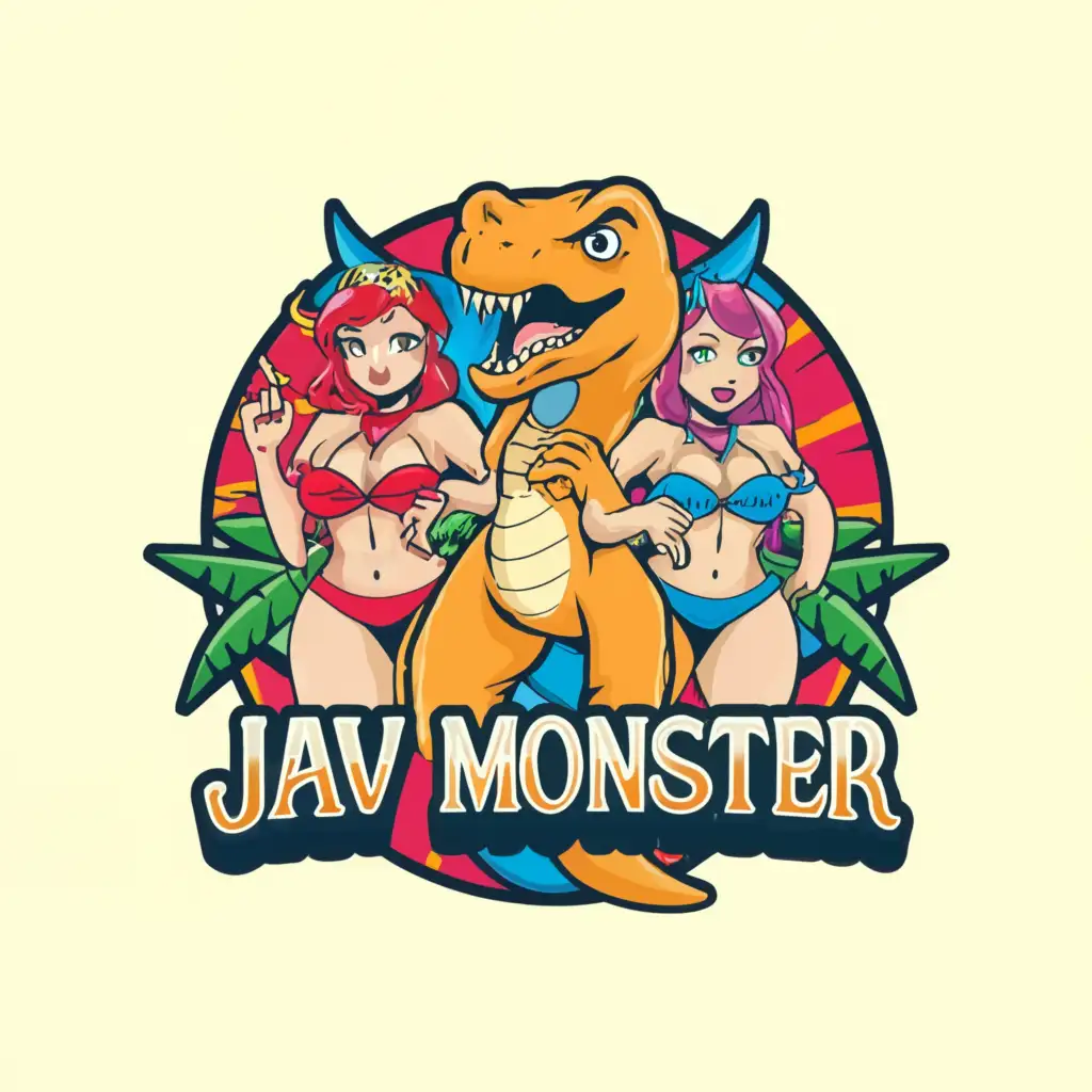 a logo design,with the text """"
J A V
MONSTER
"""", main symbol:a funny and cute dinosaur with two very attractive and alluring Japanese idols wearing revealing bikinis,complex,be used in Entertainment industry,clear background