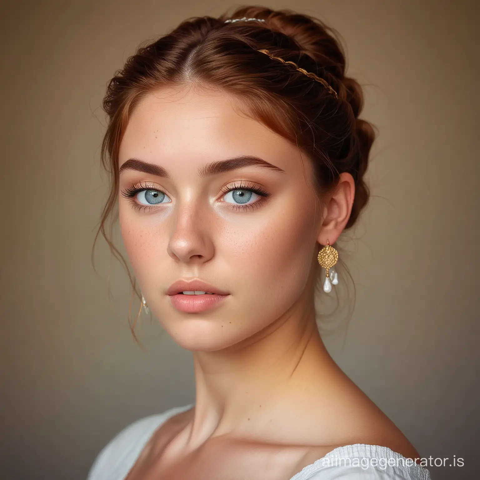 Very pretty girl, 16 years old, auburn hair in loose bun, very tanned skin, light blue eyes, slight freckles, slender, mid-height, thick eyelashes, full lips, wearing white ionic chiton from Ancient Greece, dangly gold earrings, strong physique but also feminine, beautiful