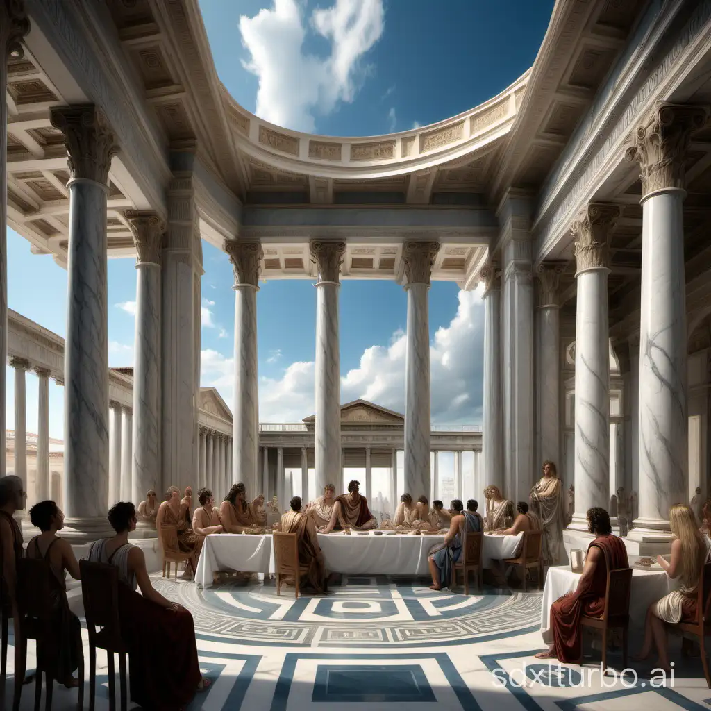 Highly detailed realistic drawing of a Roman palace with a very high ceiling, marble columns, rich ornaments, and tall statues. Some of these elements appear in the foreground. Blue sky and clouds through the immense windows in the background. Women and men are discussing around a marble table in the midground. One is a woman with long wavy ginger-blond hair and a gray rose on her ear. They wear Greek robes and have diverse hair styles and colors.