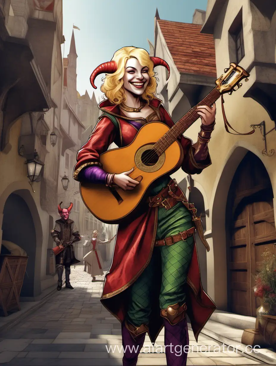 woman, tiefling, blonde hair, smiling broadly, bright clothes of a jester, holding a lute, behind a medieval city street