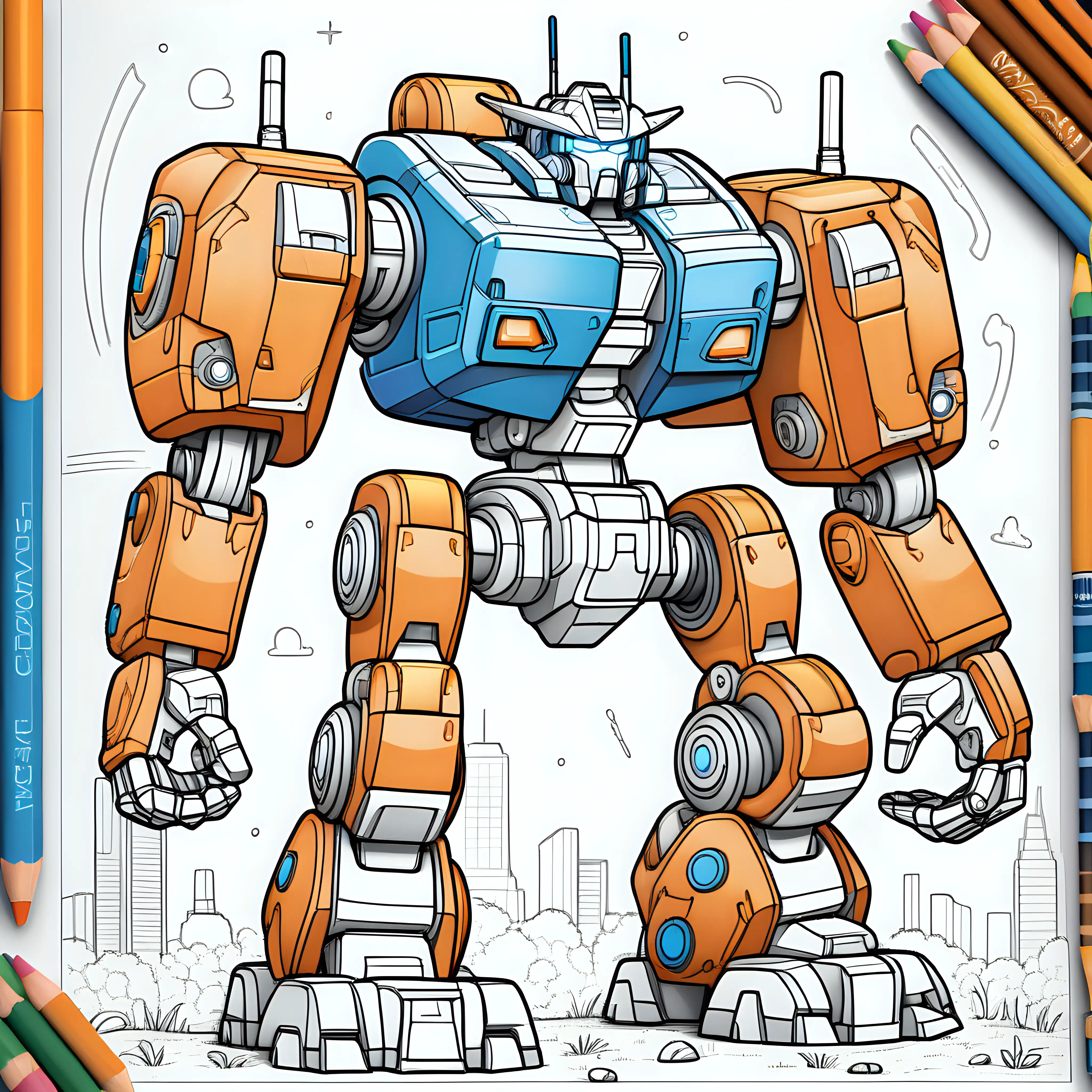 Create a chunky heavy mech, children's coloring page style , thick lines, no shading, filled in with some blues and oranges