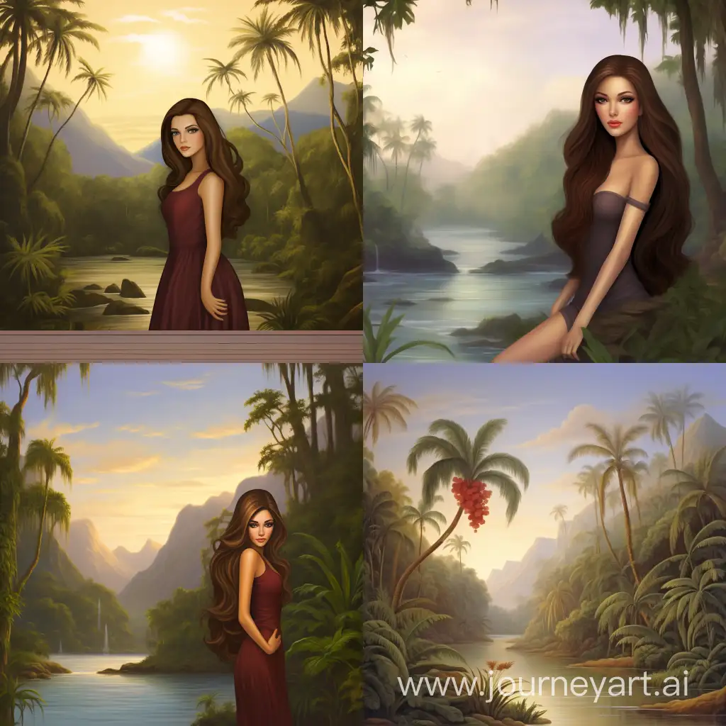 Eine hübsche Frau mit langen braunen Haaren vor einer tropischen Kulisse