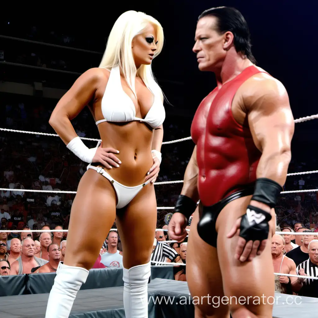 maryse in leather white bikini vs Cena in wrestling match 
