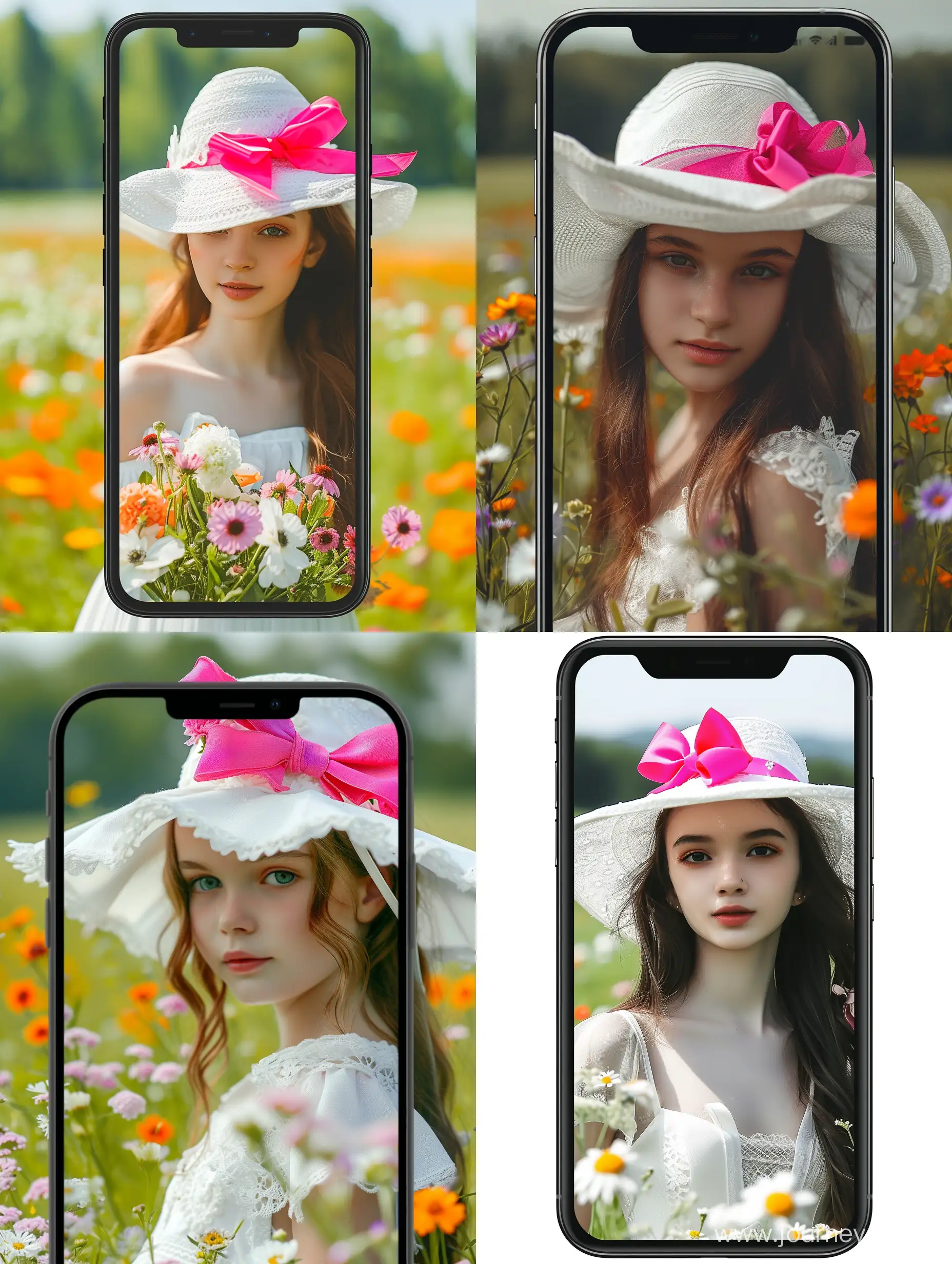 Фото на телефон, на котором красивая девушка с цветами в белой шляпе с ярким розовым бантом, в белом платье, на летнем поле.