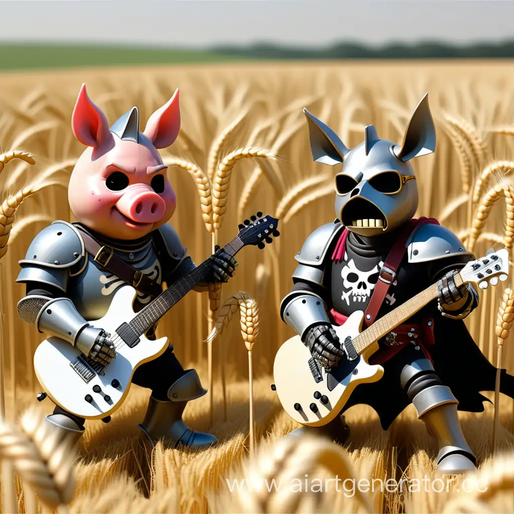 Свин рыцарь и свин пират играют на электрогитарах на пшеничном поле